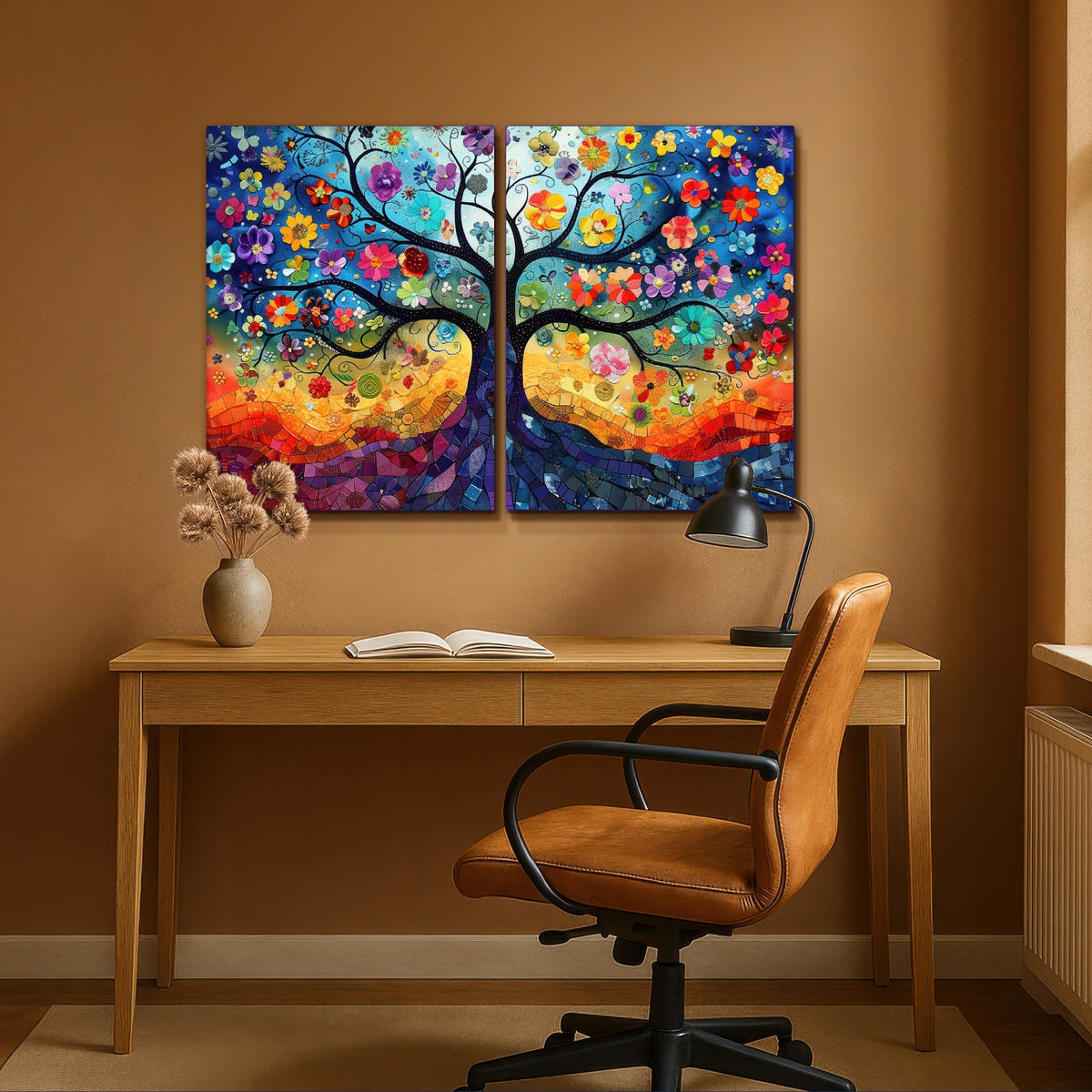 LEINWANDBILD 2er Set Bunt - Baum des Lebens - Blumen - Abstrakt 100x70 cm - Blau, Textil (100/70cm) - MuchoWow