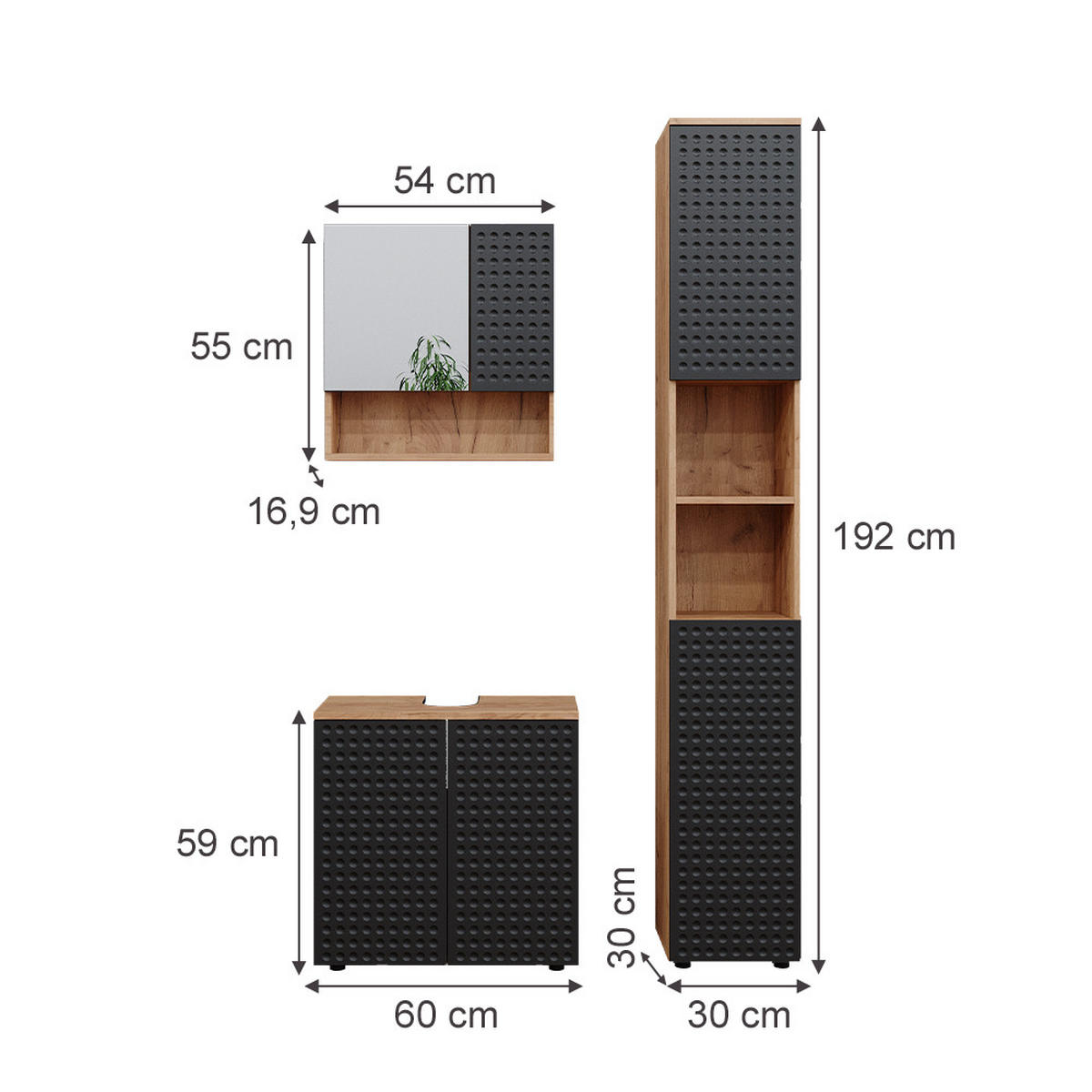 BADMÖBEL-SET Irma Anthrazit gepunktet 3 Teile, mit Hochschrank - Anthrazit/Eiche Wotan, Holzwerkstoff (80/58.6/41cm) - Vicco