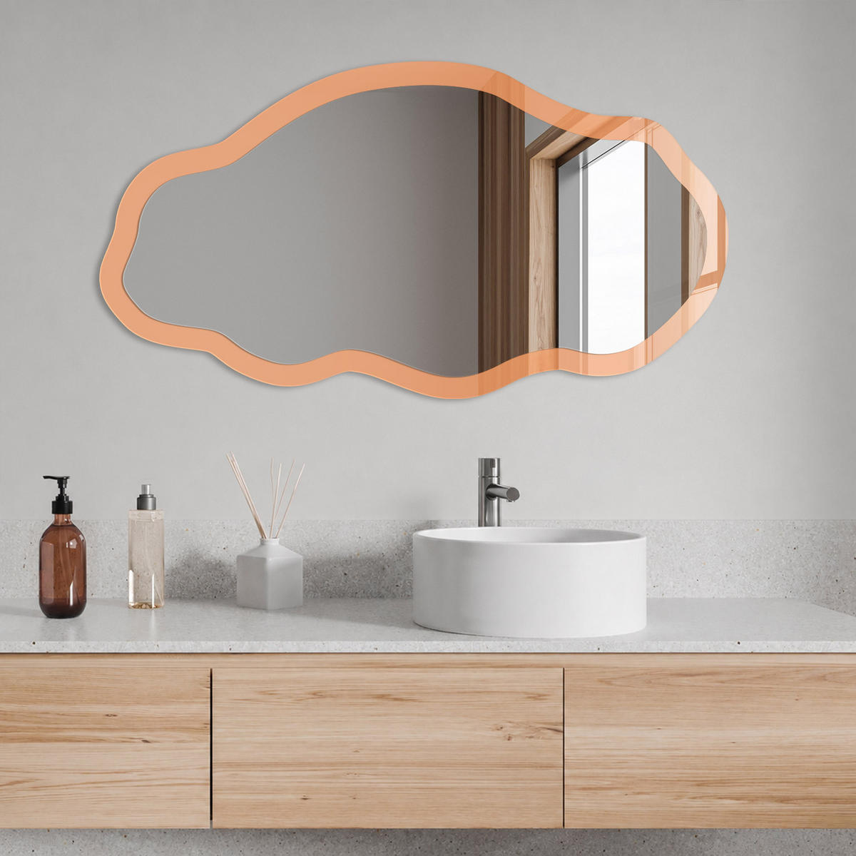 SPIEGEL 90x45 cm asymmetrisch mit Druck - Pastellorange - Transparent, Glas (45/90/0.4cm) - TULUP