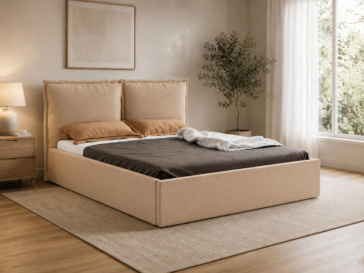 POLSTERBETT MIRA 180x200 cm mit Bettkasten, Stauraum und Metall-Lattenrost – VIBE Beige - Beige/Schwarz, Textil/Metall (180/200cm) - Luxkor24