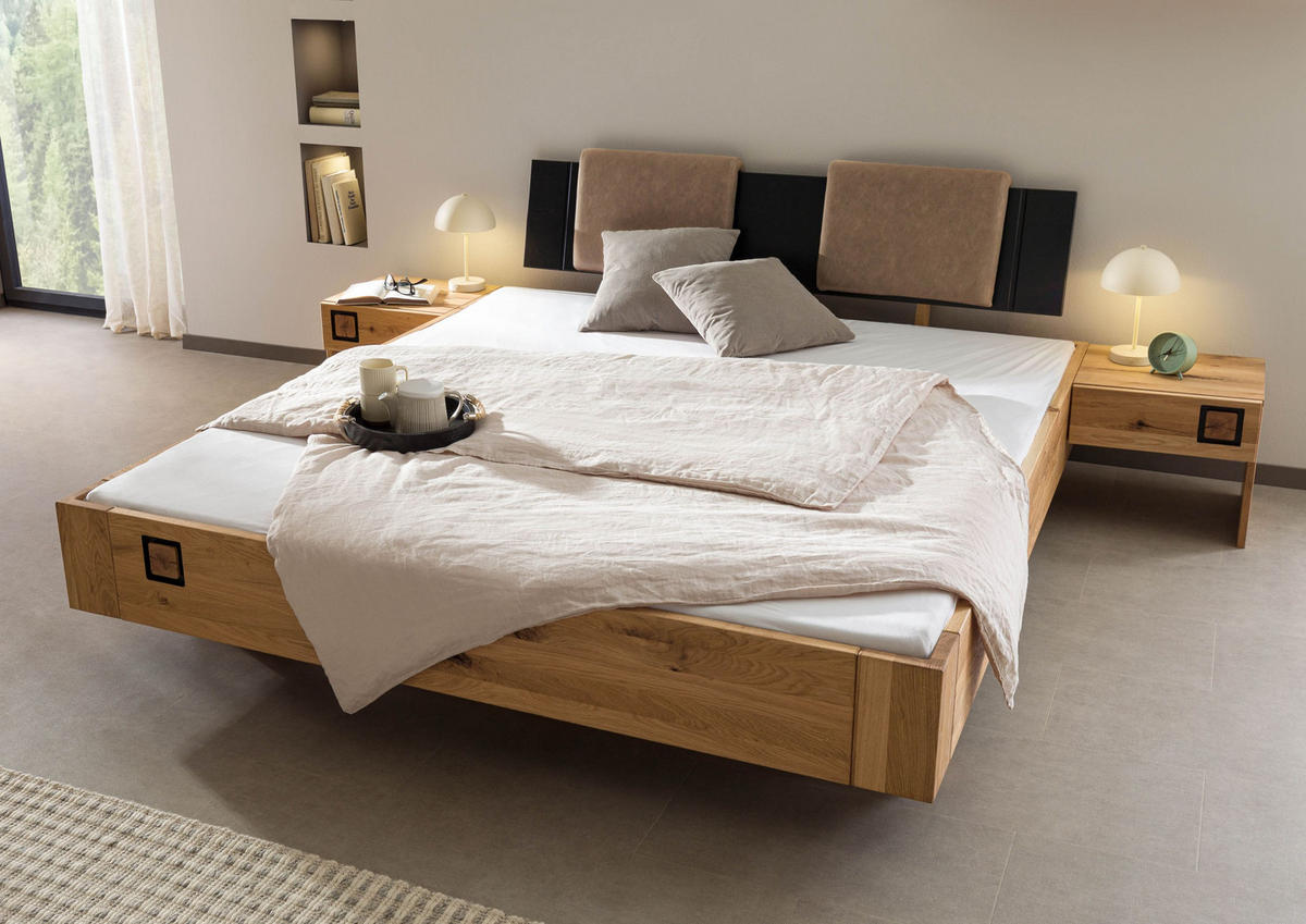 BETT mit Nachttisch Massivholz Wildeiche 140 x 200 x 86 natur KITZBÜHEL #268 - Naturfarben, Holz (140/200cm) - Massivmoebel24