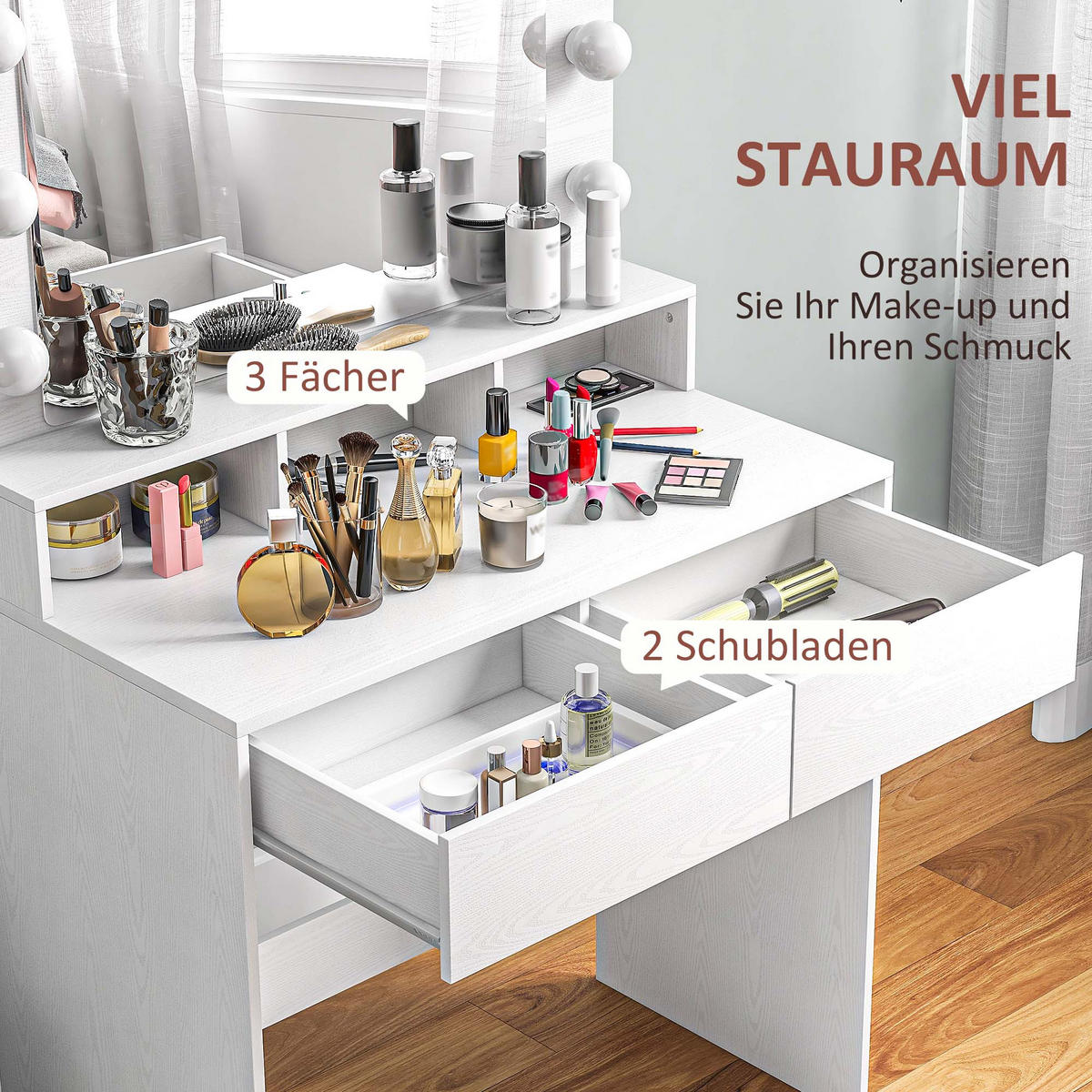 SCHMINKTISCH mit LED-Beleuchtung Frisiertisch mit Spiegel einstellbar Helligkeit - Weiß, Holzwerkstoff (40/135/80cm) - HOMCOM