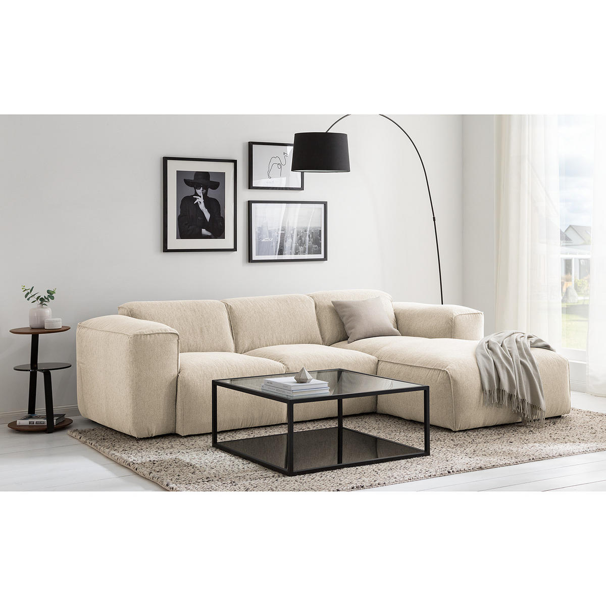 3-SITZER ECKSOFA mit Longchair - Beige/Schwarz, Kunststoff/Textil (251/173cm) - home24