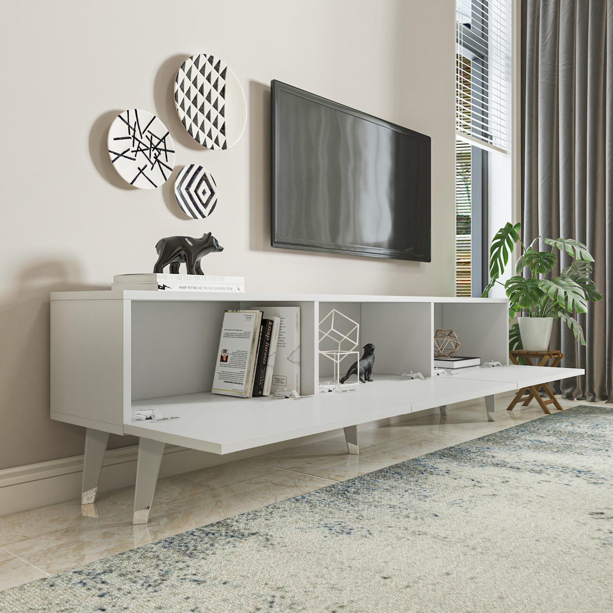 TV Stand Milagro Hochglanz Weiß Silber - Weiß, Holzwerkstoff (31.3/49.3/180cm) - Decorotika
