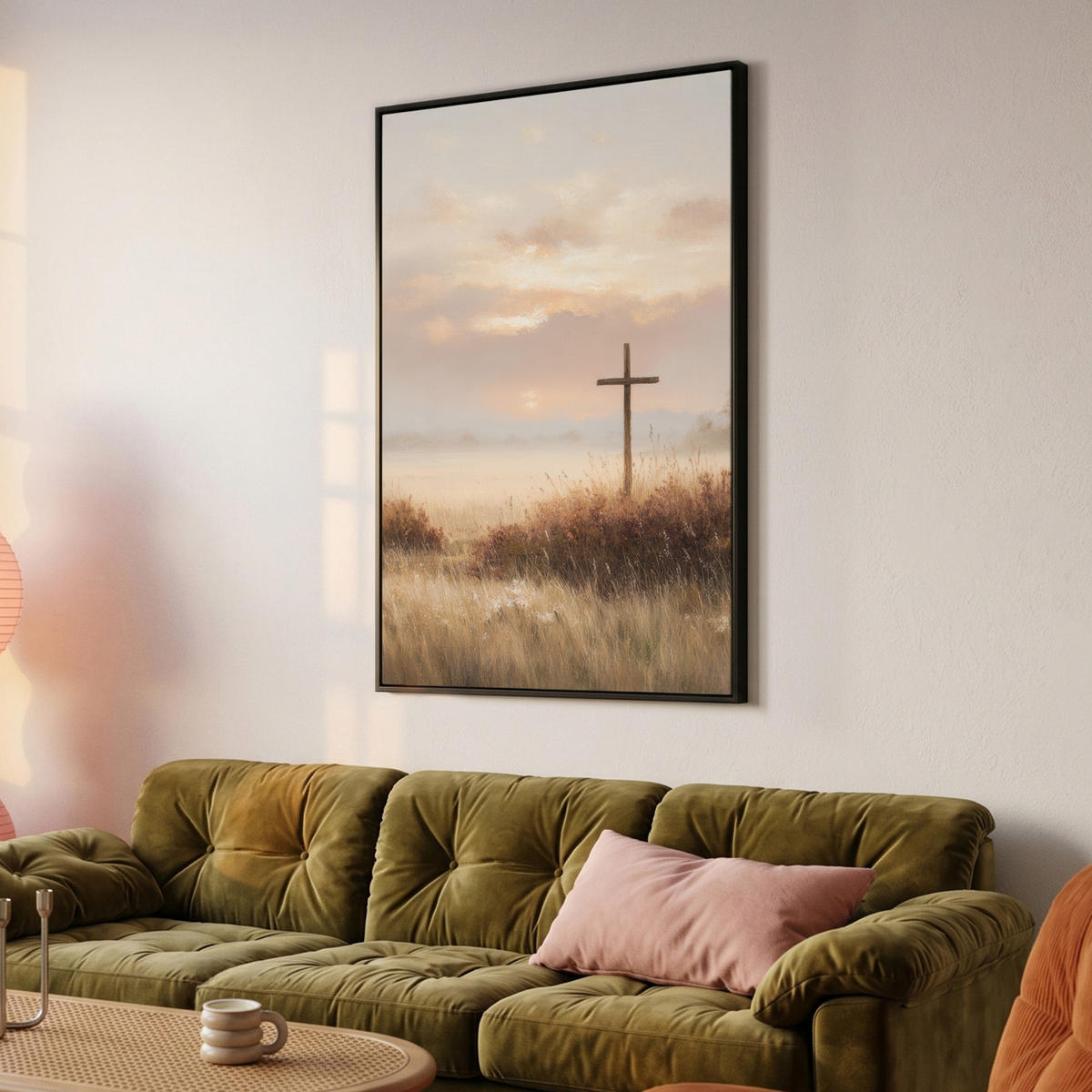 LEINWAND Bilder mit Rahmen - Gras - Morgennebel - Kreuz - Christentum - 100x150 - Beige, Textil (100/150cm) - MuchoWow