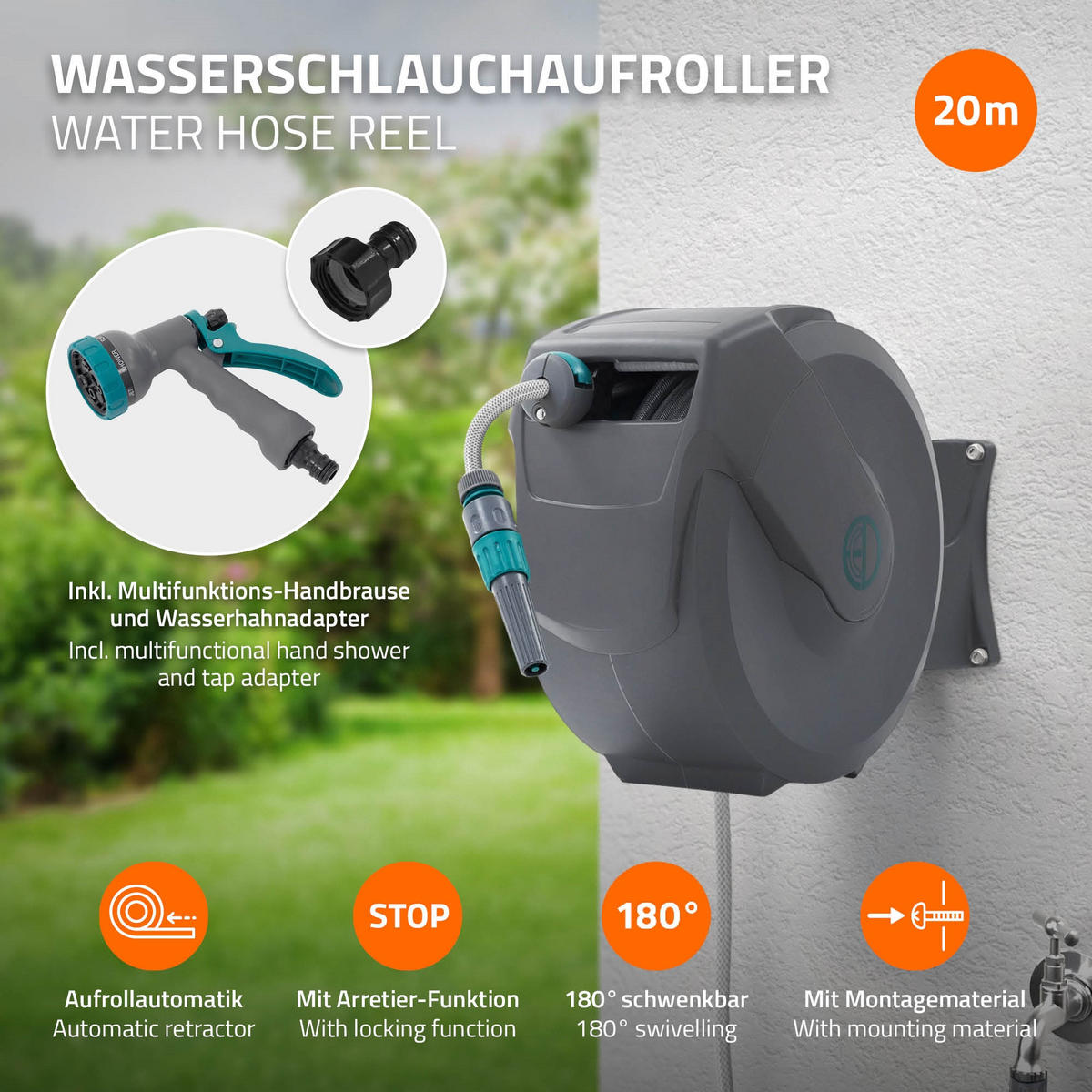 SCHLAUCHAUFROLLER 20m - Grau, Kunststoff (18/40/52cm) - ECD-Germany