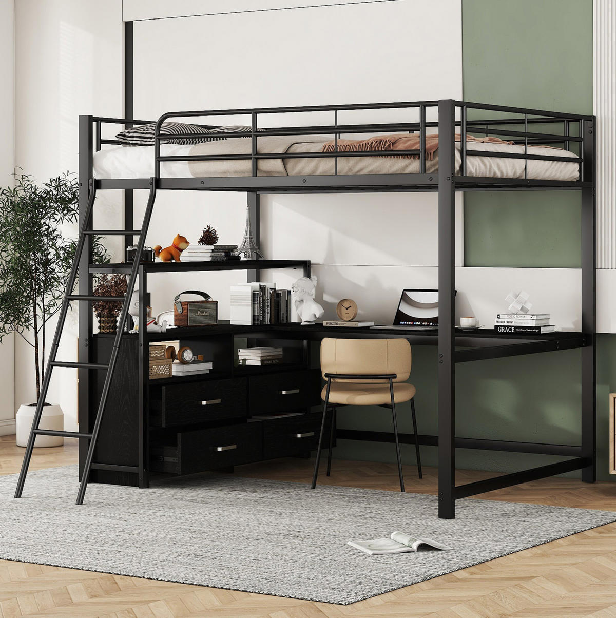 HOCHBETT 140/200 cm schwarz mit L-förmigem Schreibtisch und praktischen Schubladen - Schwarz, Metall (140/200cm) - OKWISH