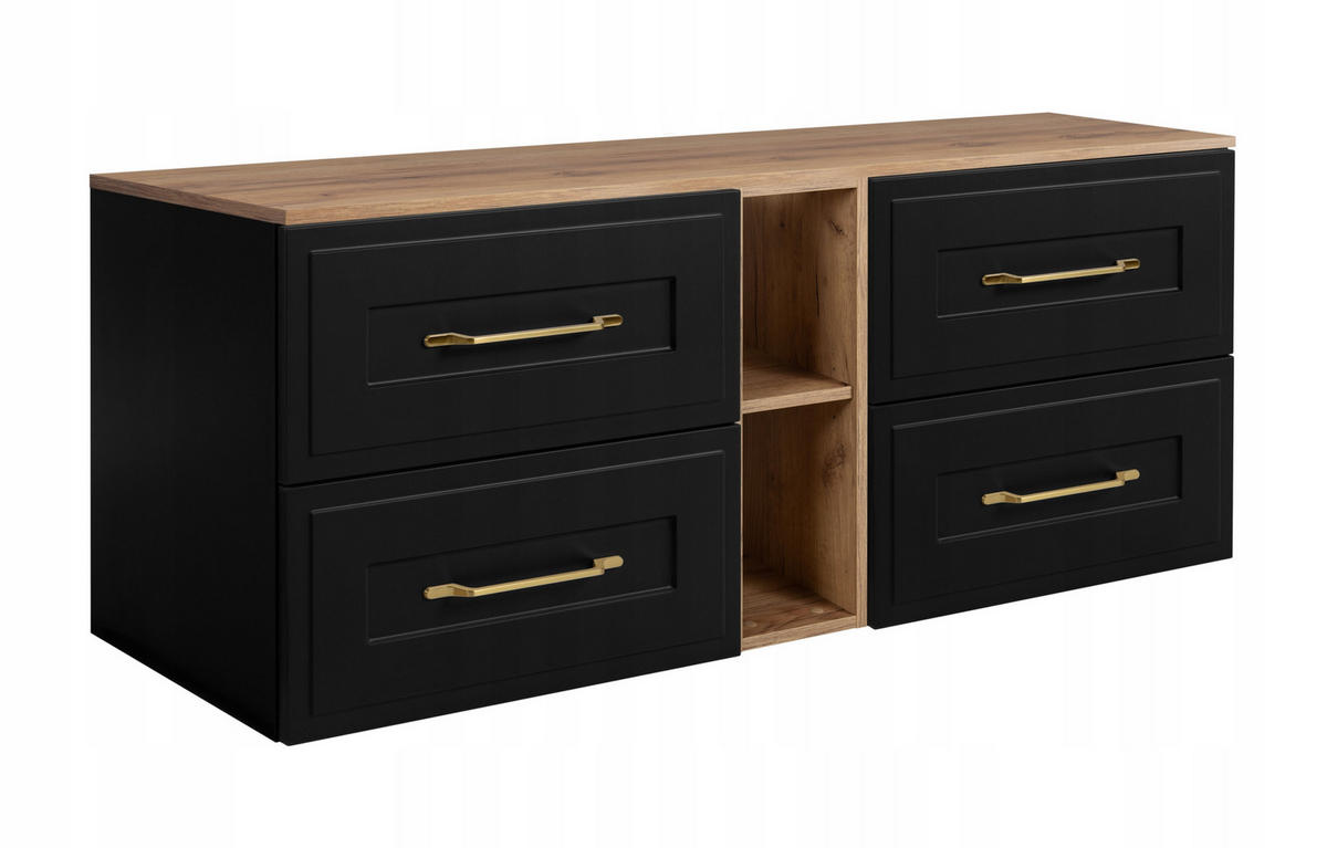 WASCHBECKUNTERSCHRANK CLASSIC 140 cm mit Arbeitsplatte Farbe: Eichen Craft mit einem Regal Matt Schwarz - Eichefarben/Schwarz, Holzwerkstoff (140/58/46cm) - Rodan