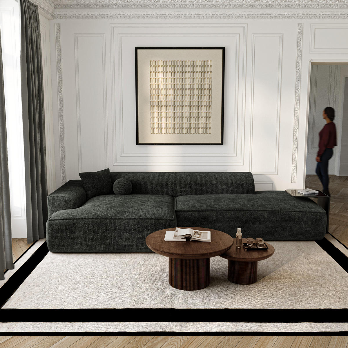 ECKSOFA (links) HANA Strickvelours Dunkles Anthrazit 300cm - Dunkelgrau/Anthrazit, Textil (300/155cm) - Premium Interiors