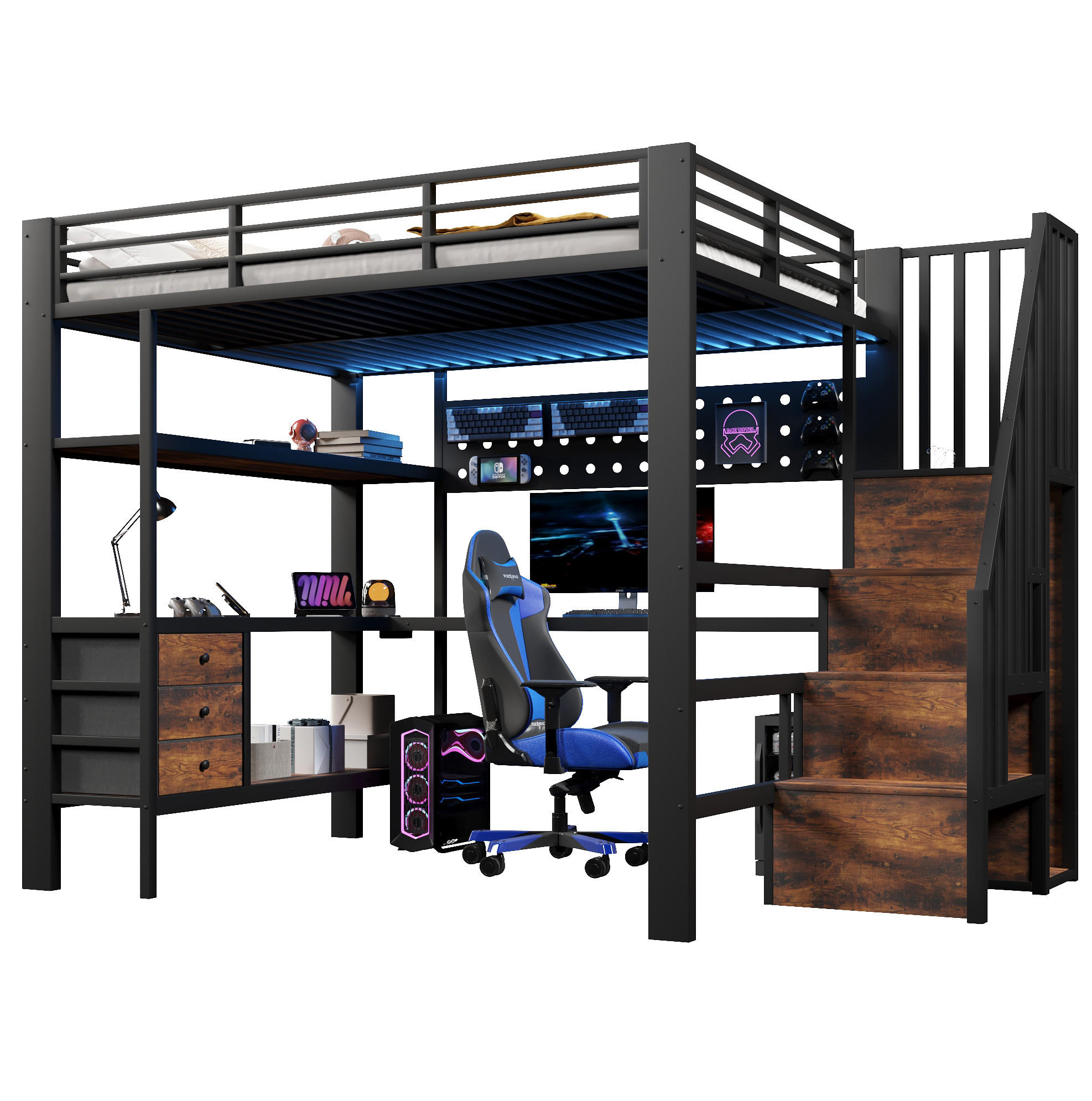HOCHBETT 140/200 cm, Schwarz mit Ablagefläche, Schubladen, LED - Schwarz, Metall (140/200cm) - MIVRAY