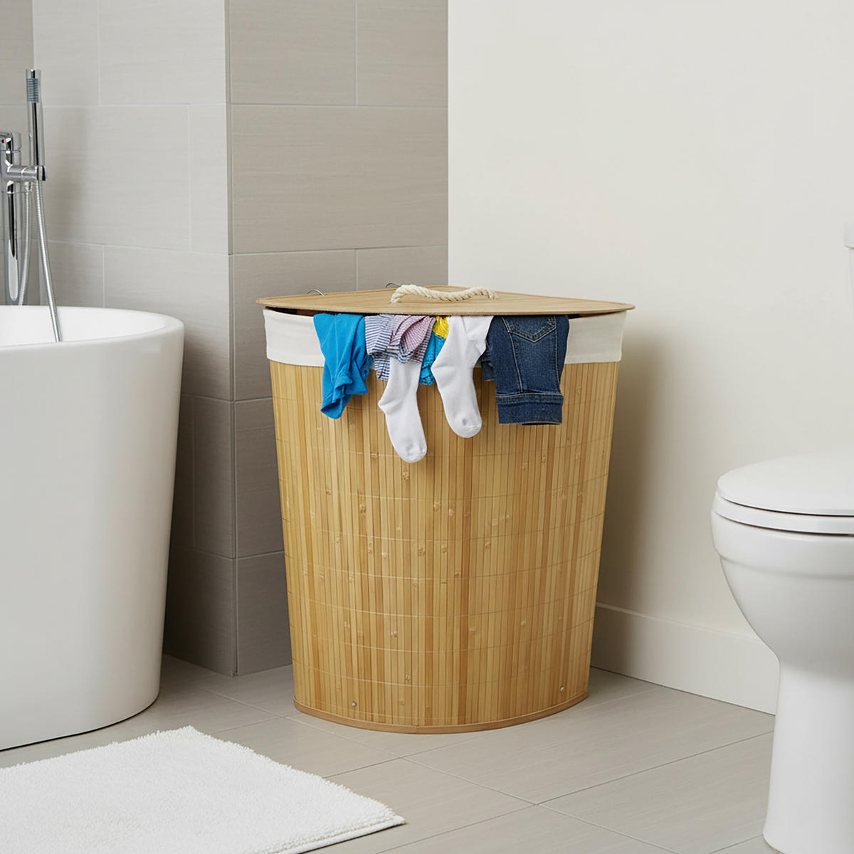 ECKWÄSCHEKORB - Hellbraun, Holz/Textil (36/60/36cm) - Relaxdays