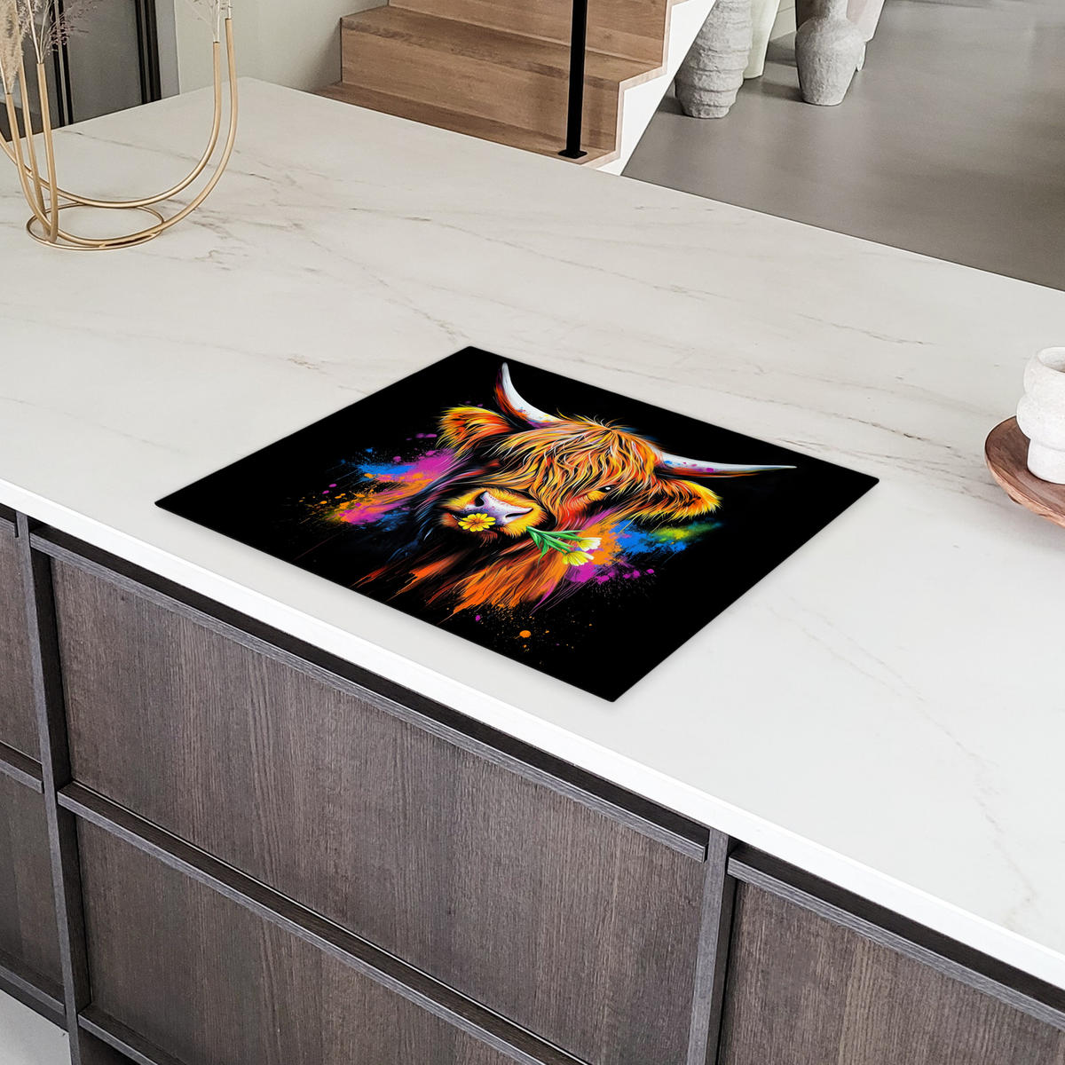 HERDABDECKPLATTE Schottischer Highlander - Graffiti - Bunt - Blume - Tiere Herdabdeckung Induktionsfeld 65x52 cm - Multicolor, Kunststoff (65/52/0.2cm) - MuchoWow