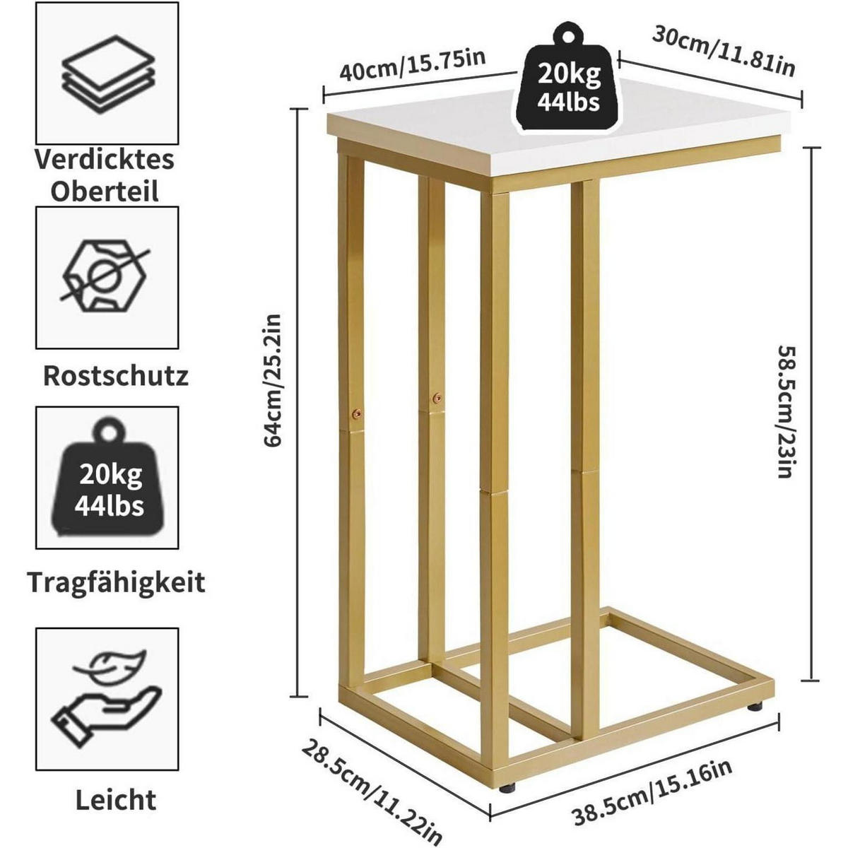 BEISTELLTISCH C-Form Weiß/Gold Metall - Multicolor, Metall (40/30/63cm)