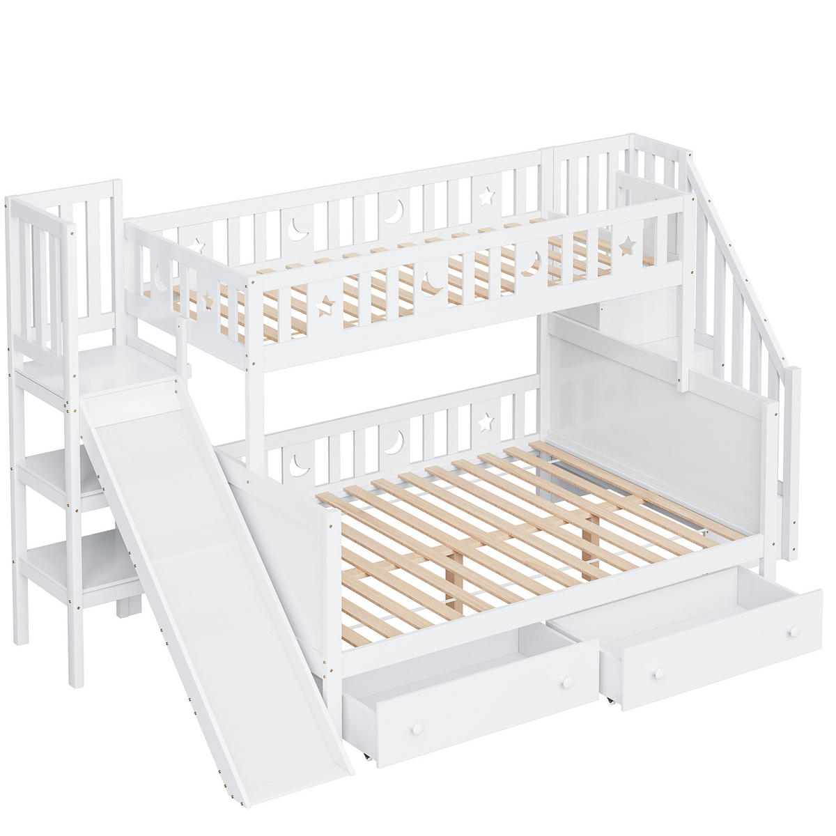 ETAGENBETT Kinderbett 90/200 & 140/200 cm aus Massivholz mit Rutsche, Leiterregal und 2 Schubladen Weiß - Weiß, Holz (90/140cm) - Modenvie