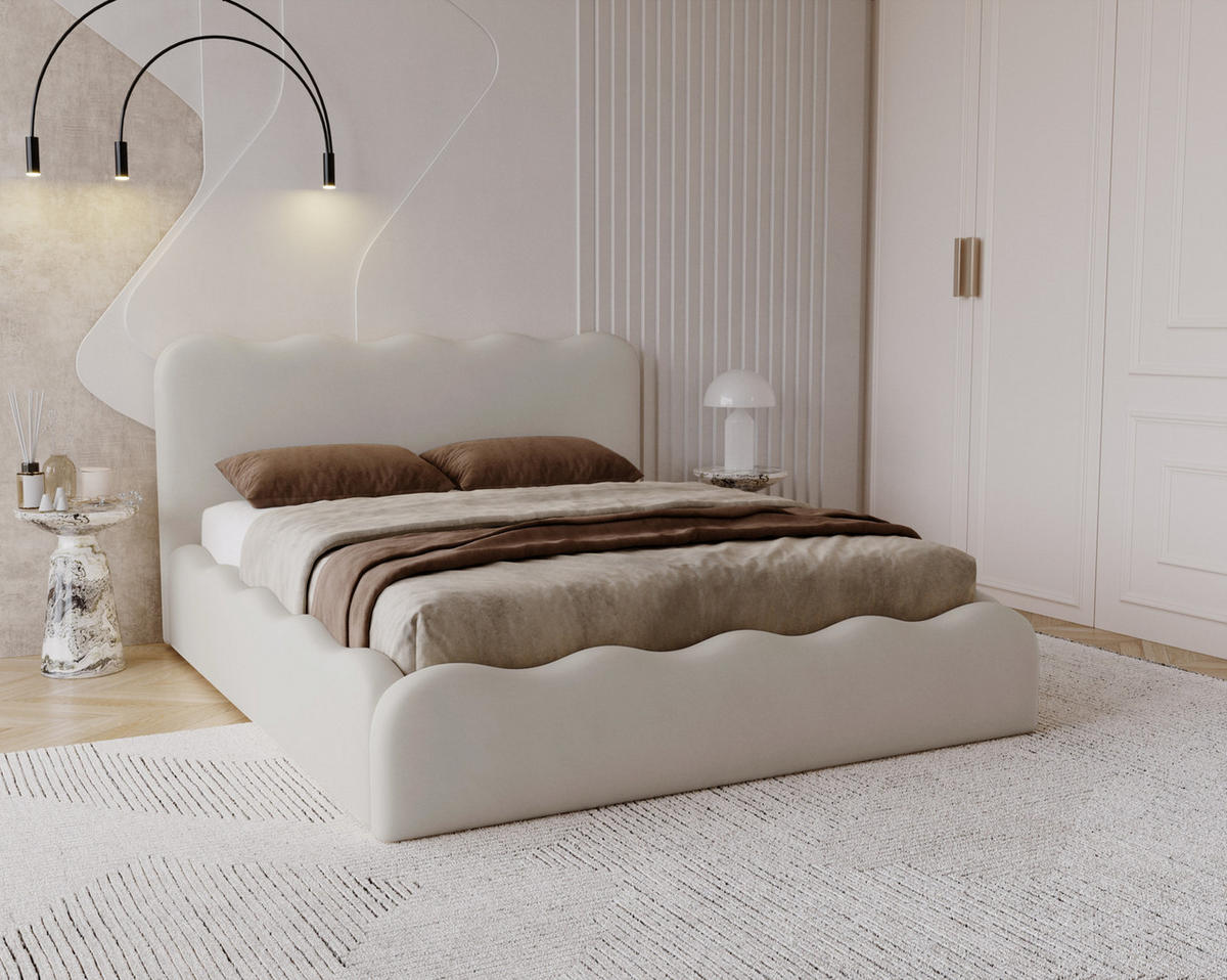 POLSTERBETT 140x200 Wave, Bettkasten, Samtstoff, Creme - Creme, Holz/Textil (140/200cm) - Emporius