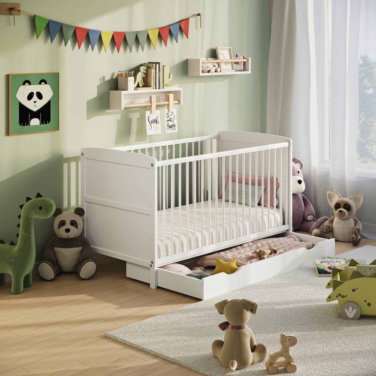 BABYBETT 60x120 mit Matratze und Schublade Weiß​ - Weiß, Holz (60/120cm) - Home Collective