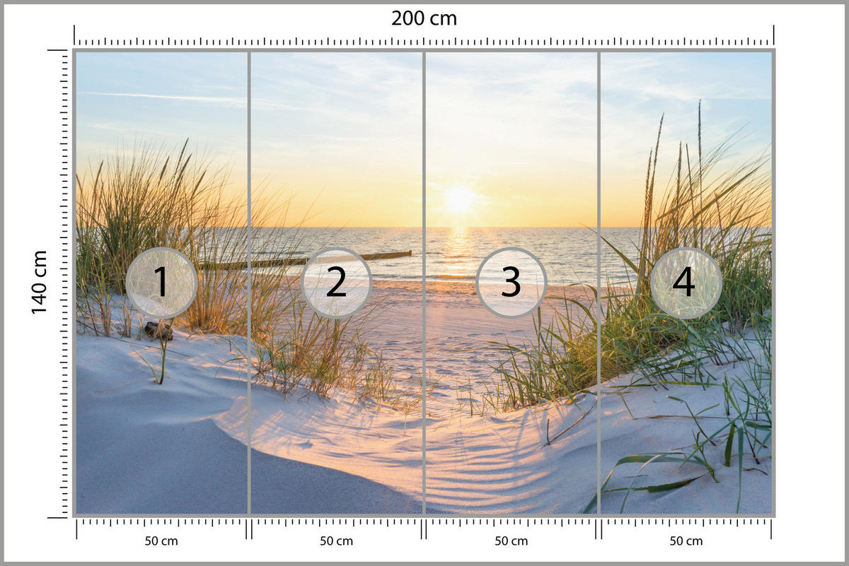 FOTOTAPETE Strand Meer Sonnenuntergang Dünen Landschaft Orange Himmel 200x140 - Gelb/Beige, Papier (200/140cm) - Muralo