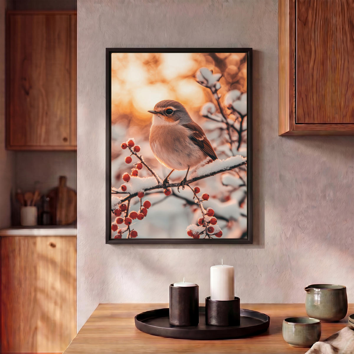 LEINWAND Bilder mit Rahmen - Vogel - Zweig - Winter - Tiere - Schnee - 30x40 - Bernsteinfarben, Textil (30/40cm) - MuchoWow