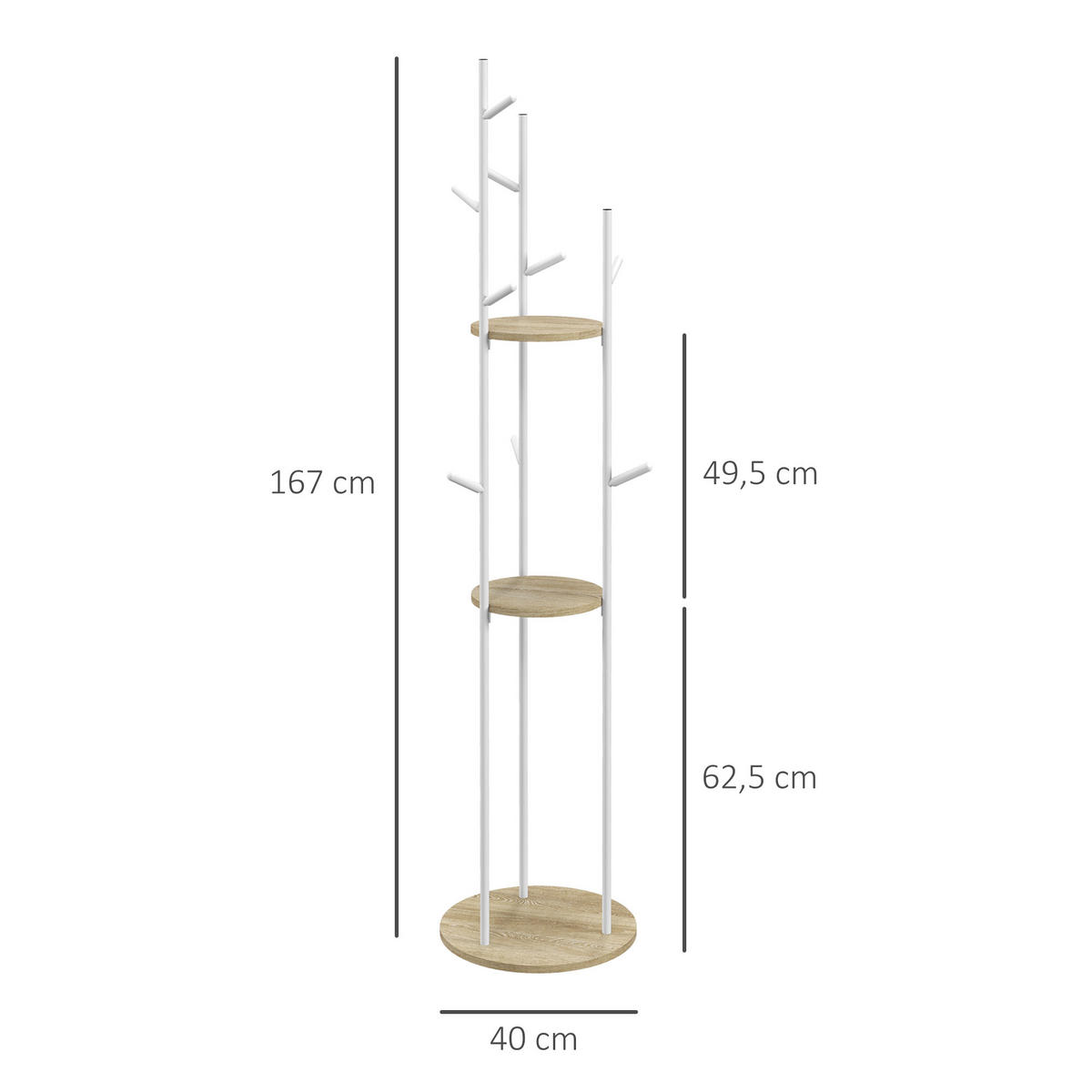 GARDEROBENSTÄNDER DE-17170 9 Haken & 2 runde Etagen Natur & Weiß - Weiß, Metall (40/167/40cm) - ComfortXL