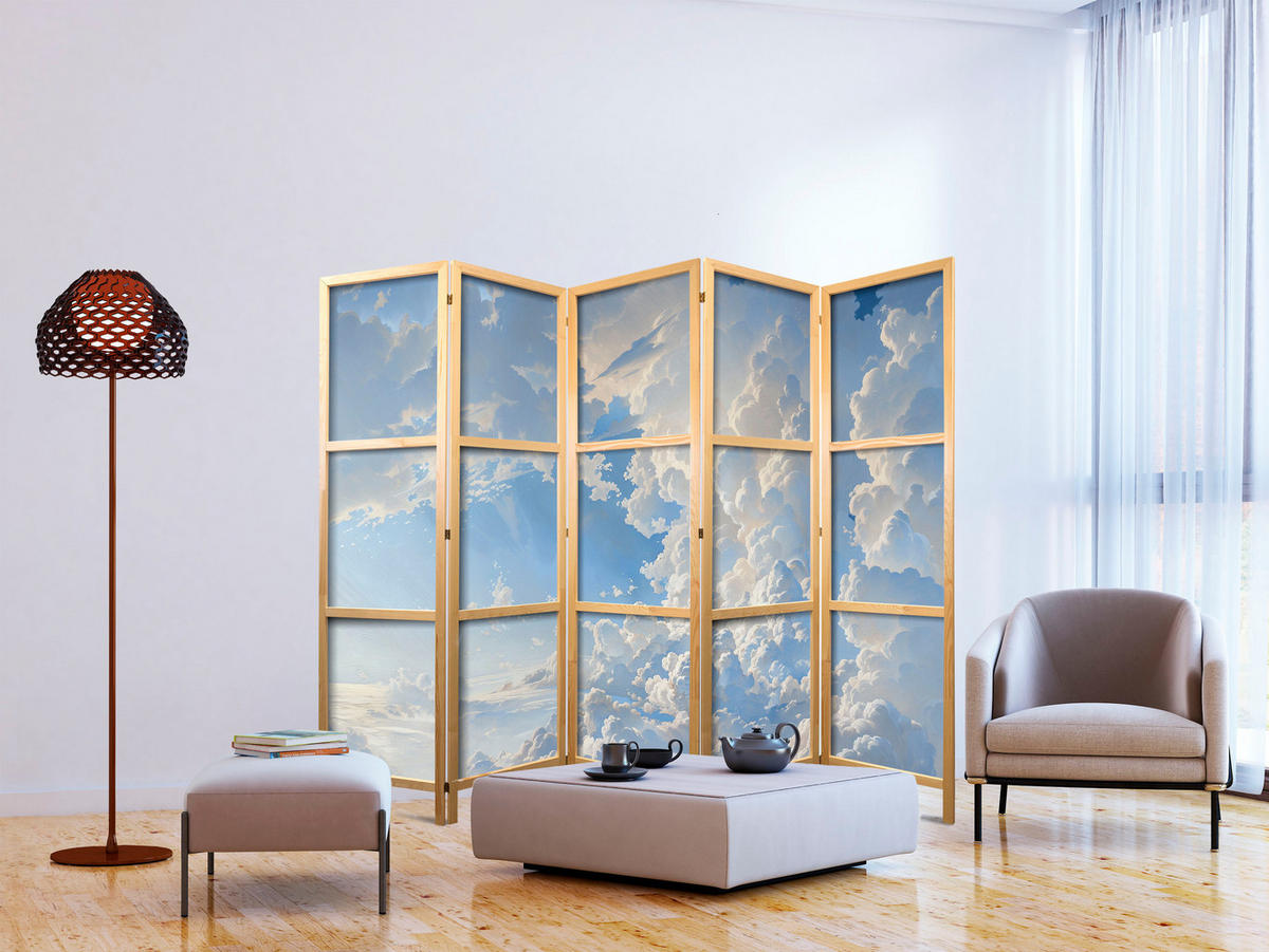 PARAVÁN Japonský 5-dielny 225x172 cm Oblaky - modrá, drevo/textil (225/172/3cm) - Muralo