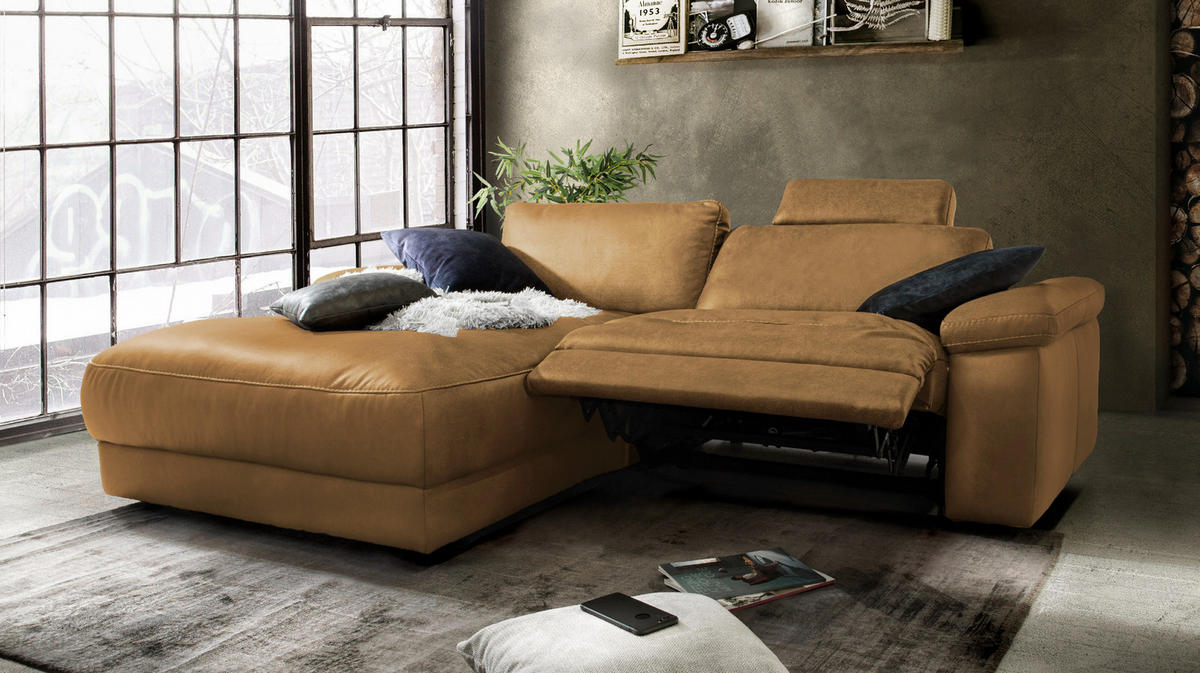 ECKSOFA MOTORISCH. RELAXFUNKTION LOLA Rotbraun Leder - Rotbraun/Schwarz, Leder (233/178cm) - KAWOLA