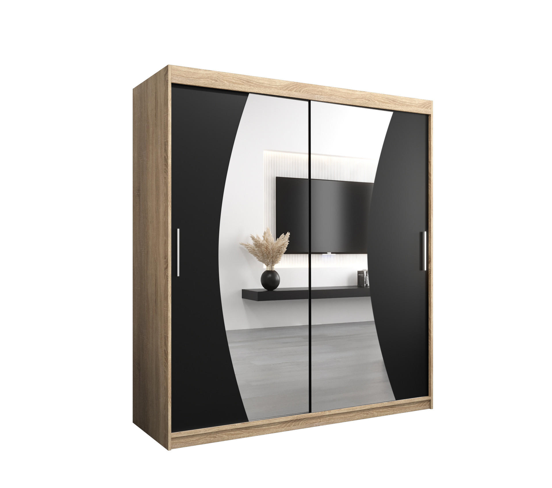 Abiks Möbel SCHWEBETÜRENSCHRANK Sonoma Eiche, Schwarz 180cm × 62cm × 200cm