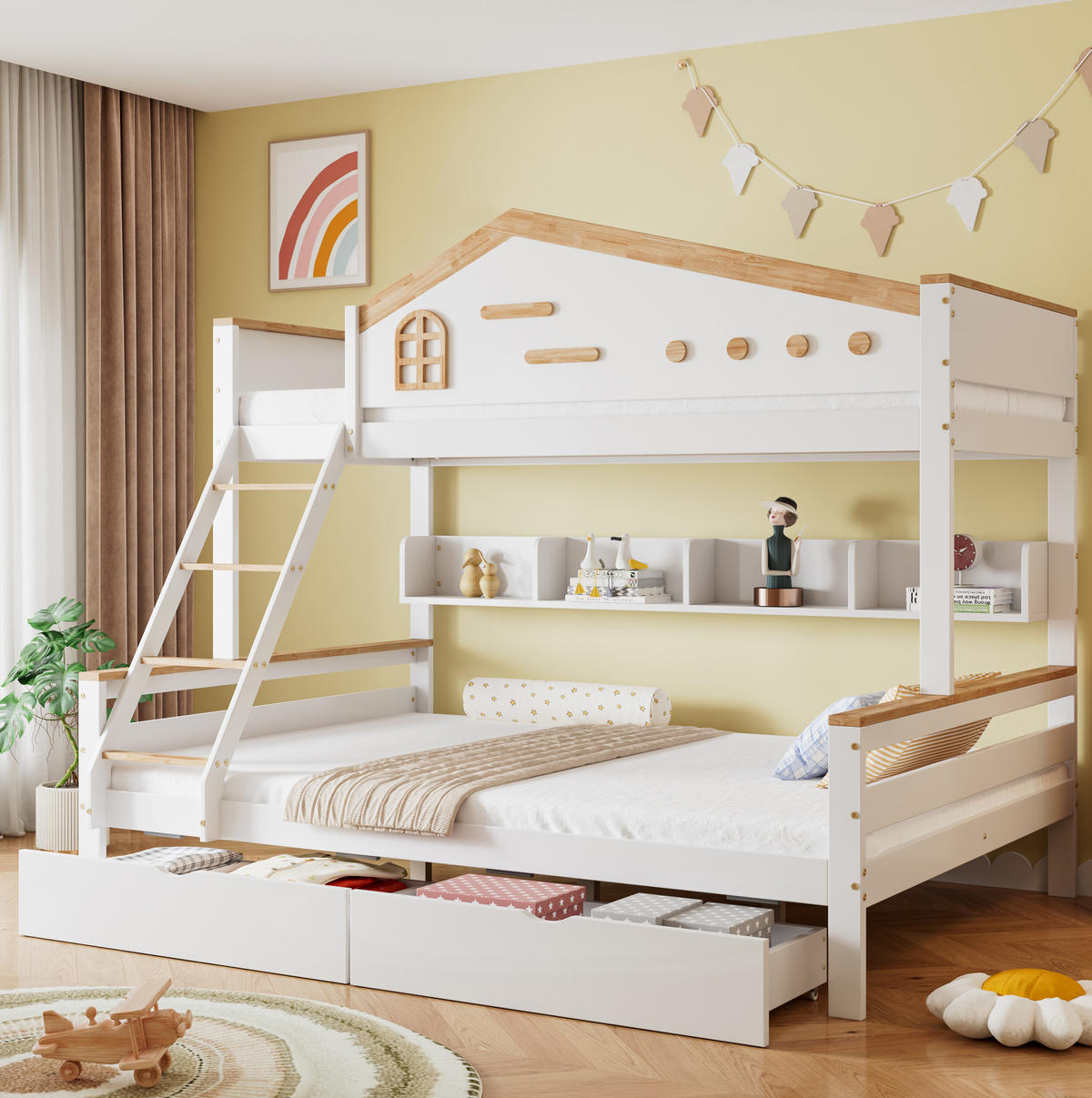 ETAGENBETT aus Kiefer und MDF 90x200/140x200 cm Weiß/Natur mit Schubladen, Regal und vierstufiger Schrägleiter - Weiß, Holzwerkstoff (90/200cm) - Modfu