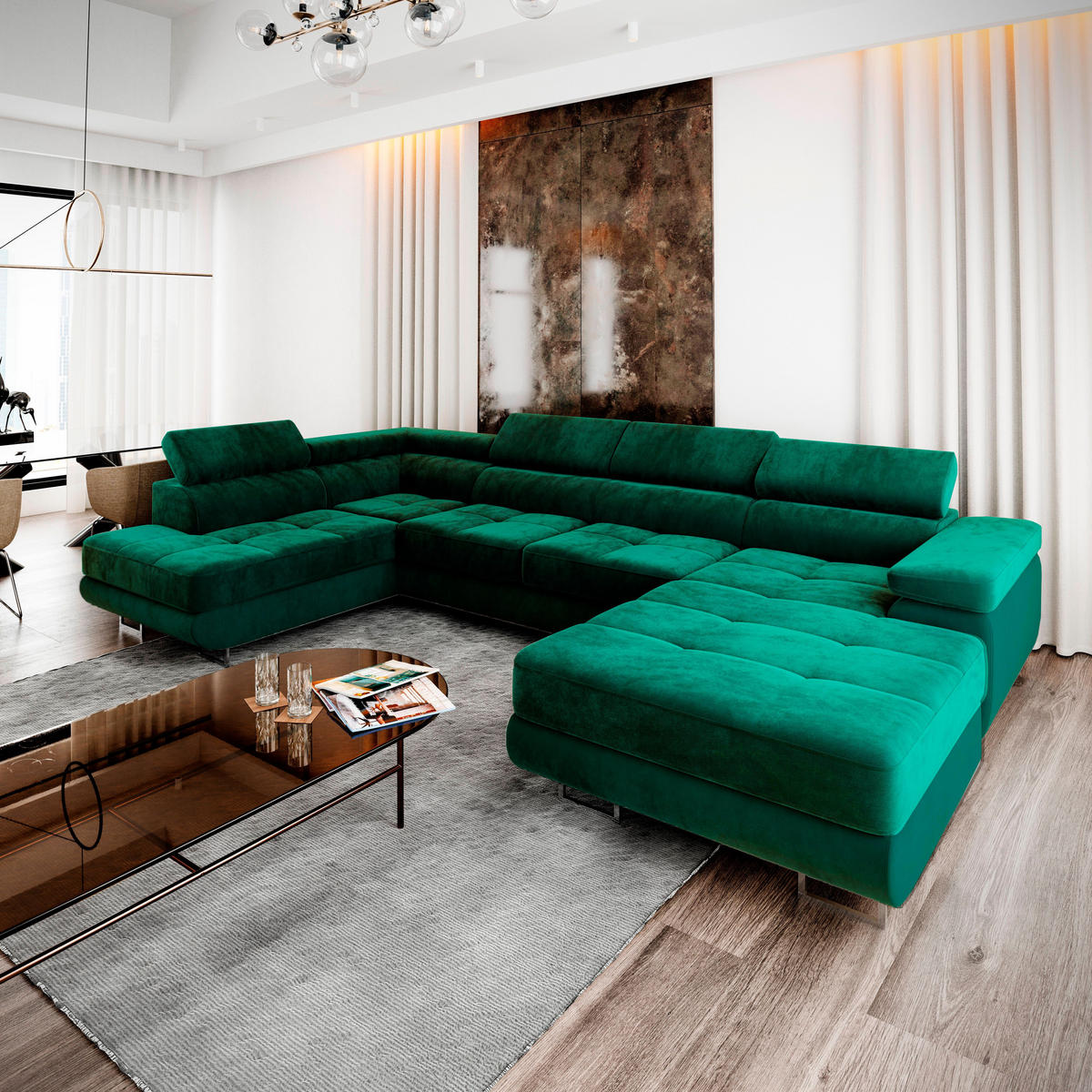 WOHNLANDSCHAFT CASONE L-S Grün Velours-Stoff mit Schlaffunktion - Grün, Holz (345/90/202cm) - MASSENO