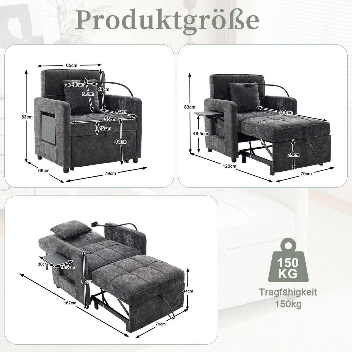 SOFA Chenille Dunkelgrau mit Kissen, Stauraum und Handyhalterung - Dunkelgrau, Textil/Metall (79/83/167cm) - WISHDOR