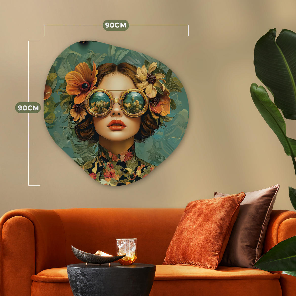 WANDBILD Frau - Blumen - Schmetterlinge - Natur - Vintage 90x90 cm - Petrol, Kunststoff (90/90cm) - MuchoWow