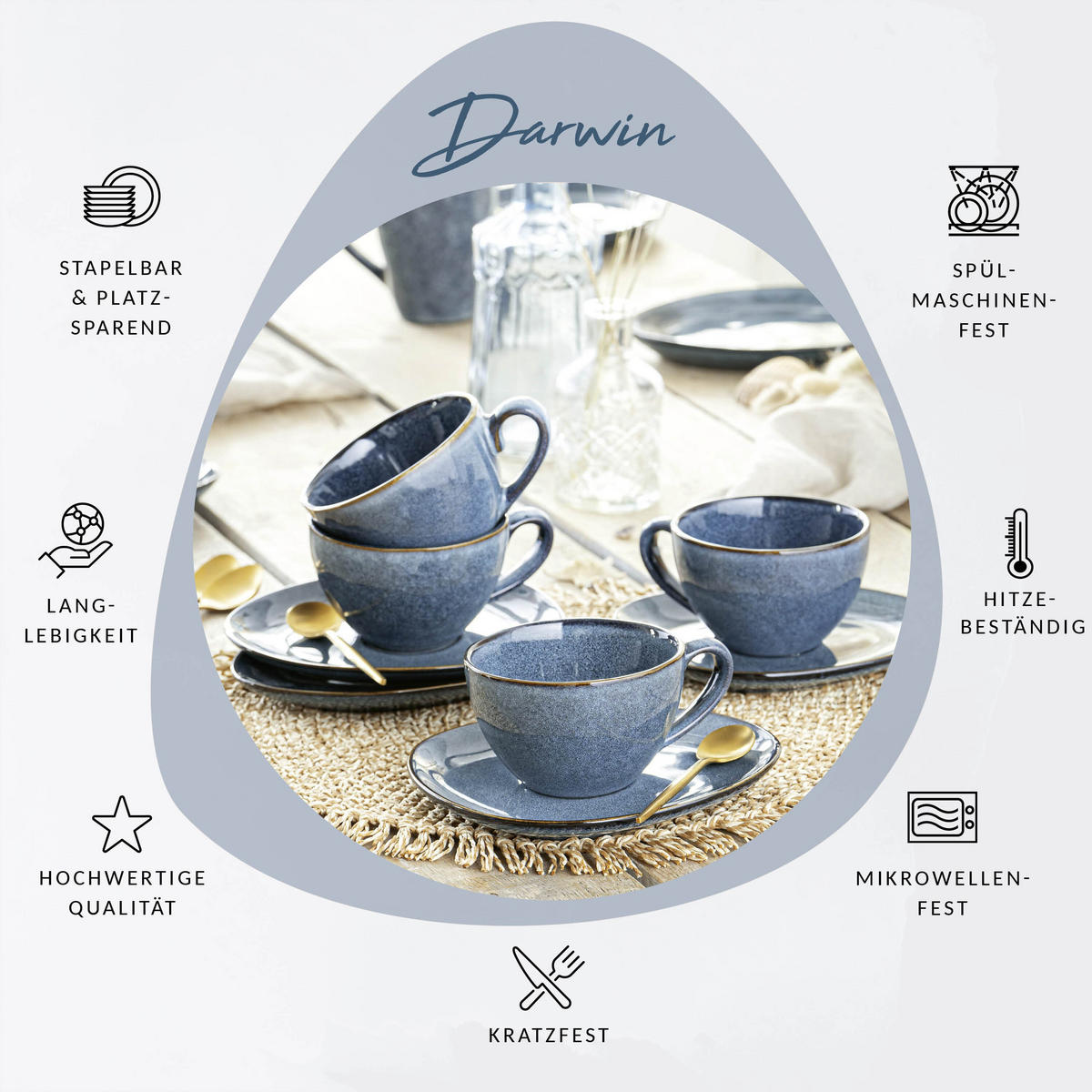 KAFFEETASSEN SET DARWIN - für 4 Personen aus Steingut - Blau, Keramik (27/39/20cm) - Sänger