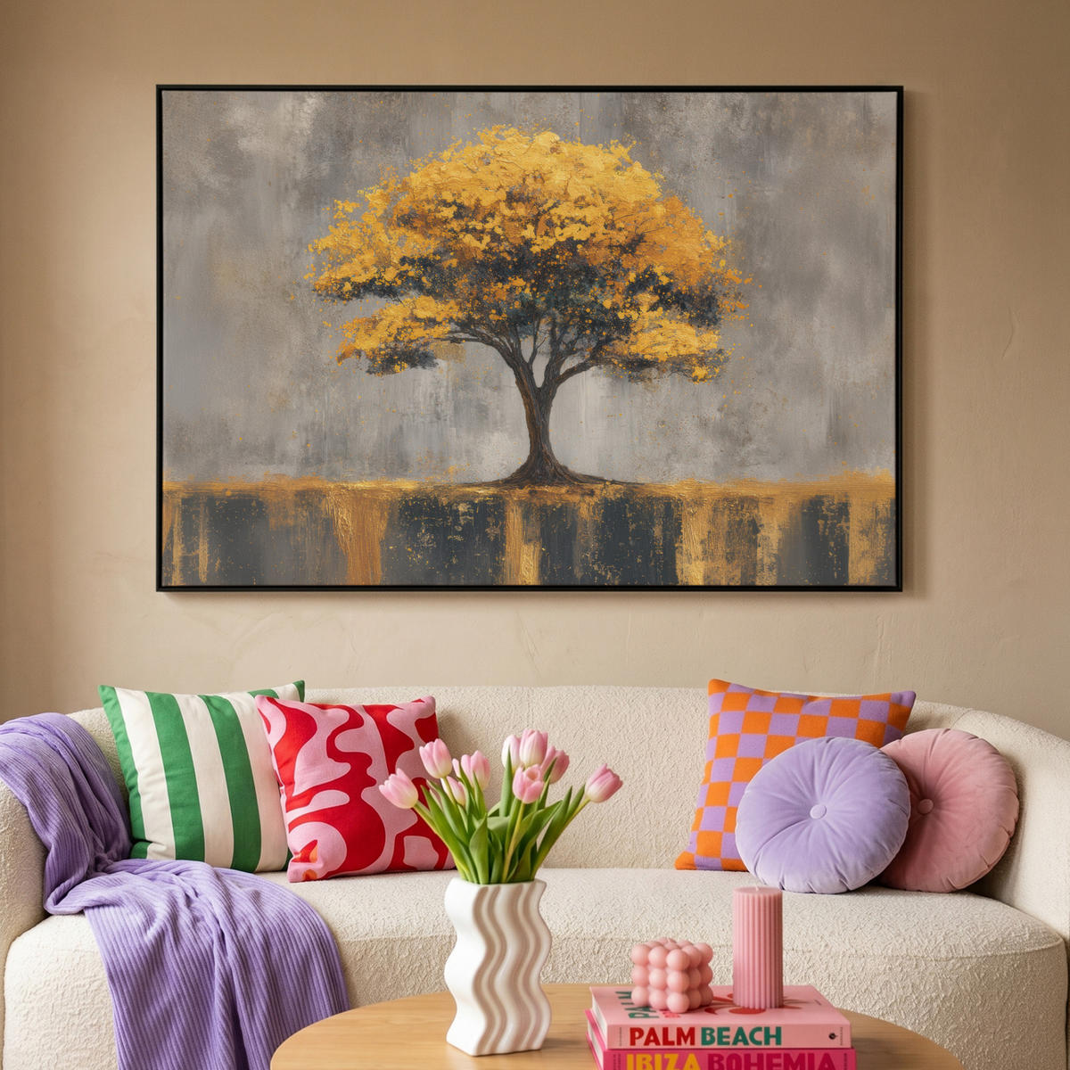 LEINWAND Bilder mit Rahmen - Baum - Blätter - Gold - Abstrakt - 120x80 - Grau, Textil (120/80cm) - MuchoWow