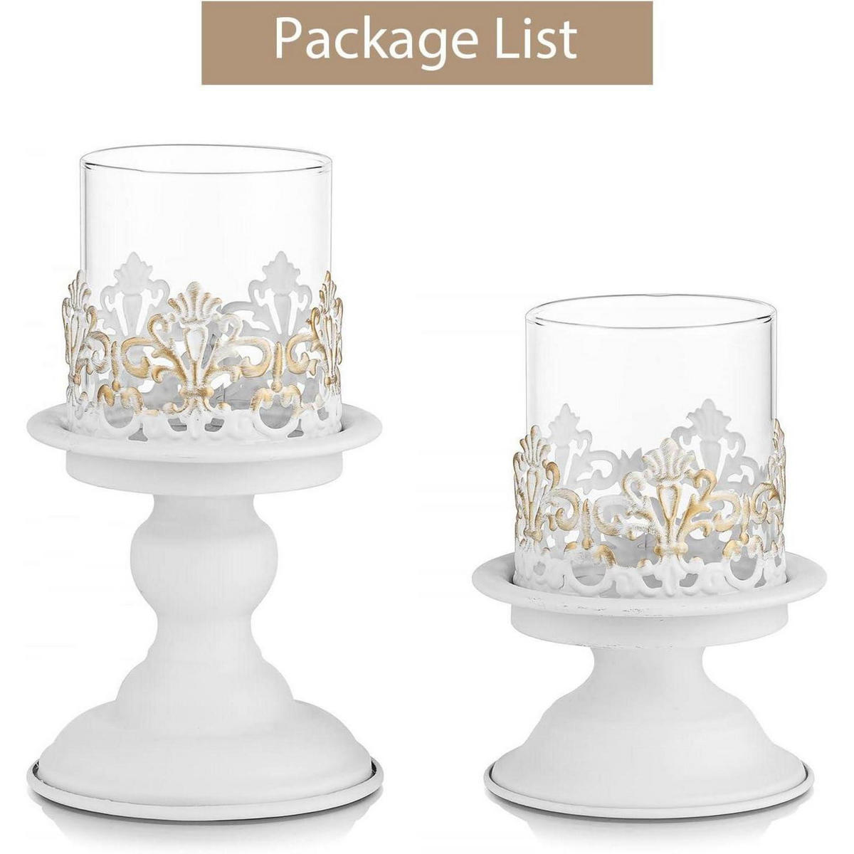 KERZENSTÄNDER 2-teiliges Set Weiß Antik Metall mit Glas - Weiß, Metall (11.5/16/11.5cm)