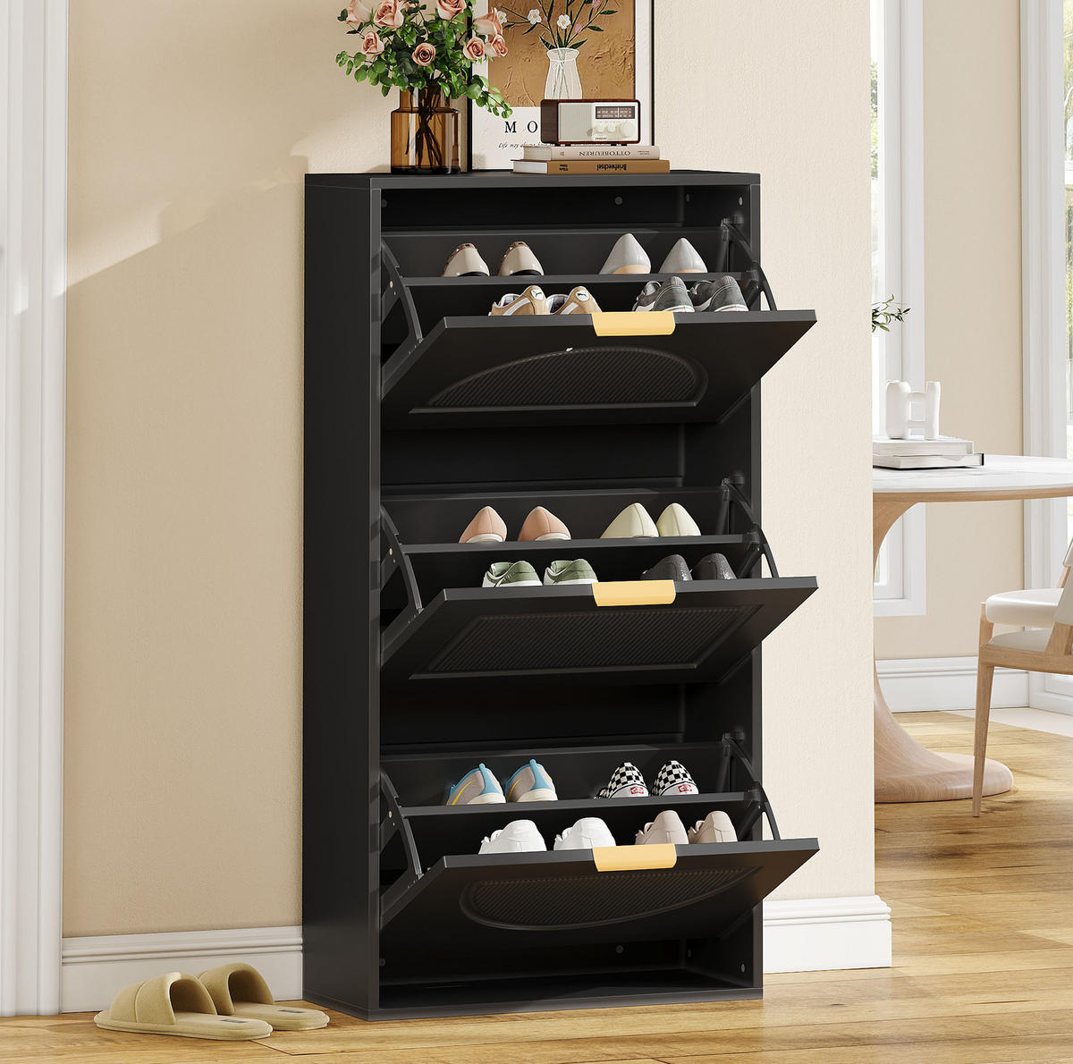 SCHUHSCHRANK 60/24/114 cm mit 3 Klappen und Kippsicherung, platzsparend aus MDF und Spanplatte, Schwarz - Schwarz, Holzwerkstoff (60/114/24cm) - Redom