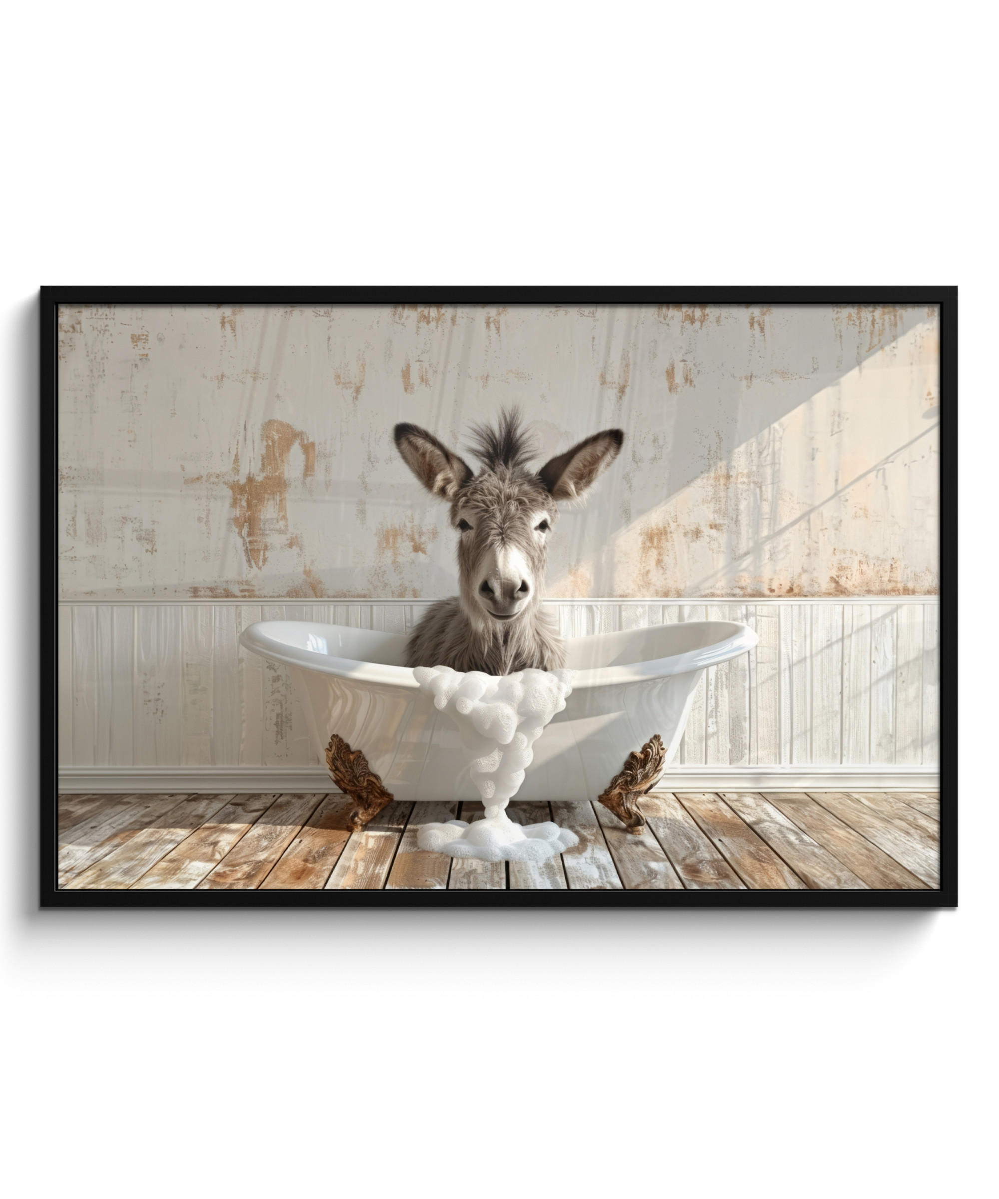POSTER MIT RAHMEN Esel - Tiere - Badewanne - Schaumstoff 120x80 cm - Weiß, Papier (120/80cm) - MuchoWow