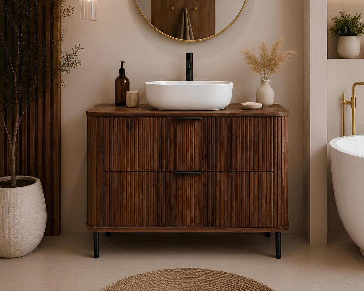 BADEZIMMERSCHRANK : Farbe Eiche-Nussbaum, Griff schwarz, Füße schwarz, 100 x 41,5 x 66,7 cm - Schwarz/Braun, Holzwerkstoff (100/66.7/41.5cm) - 3XE LIVING