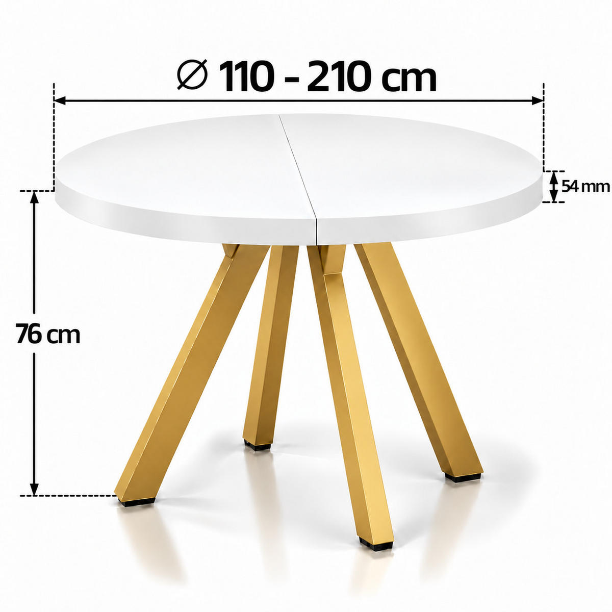 ESSTISCH rund ausziehbar 110/210/76 cm, Weiß, 54 cm Tischplatte + Y Metallgestell Gold - Goldfarben/Weiß, Holzwerkstoff/Metall (110/210/76cm) - Damale Möbel