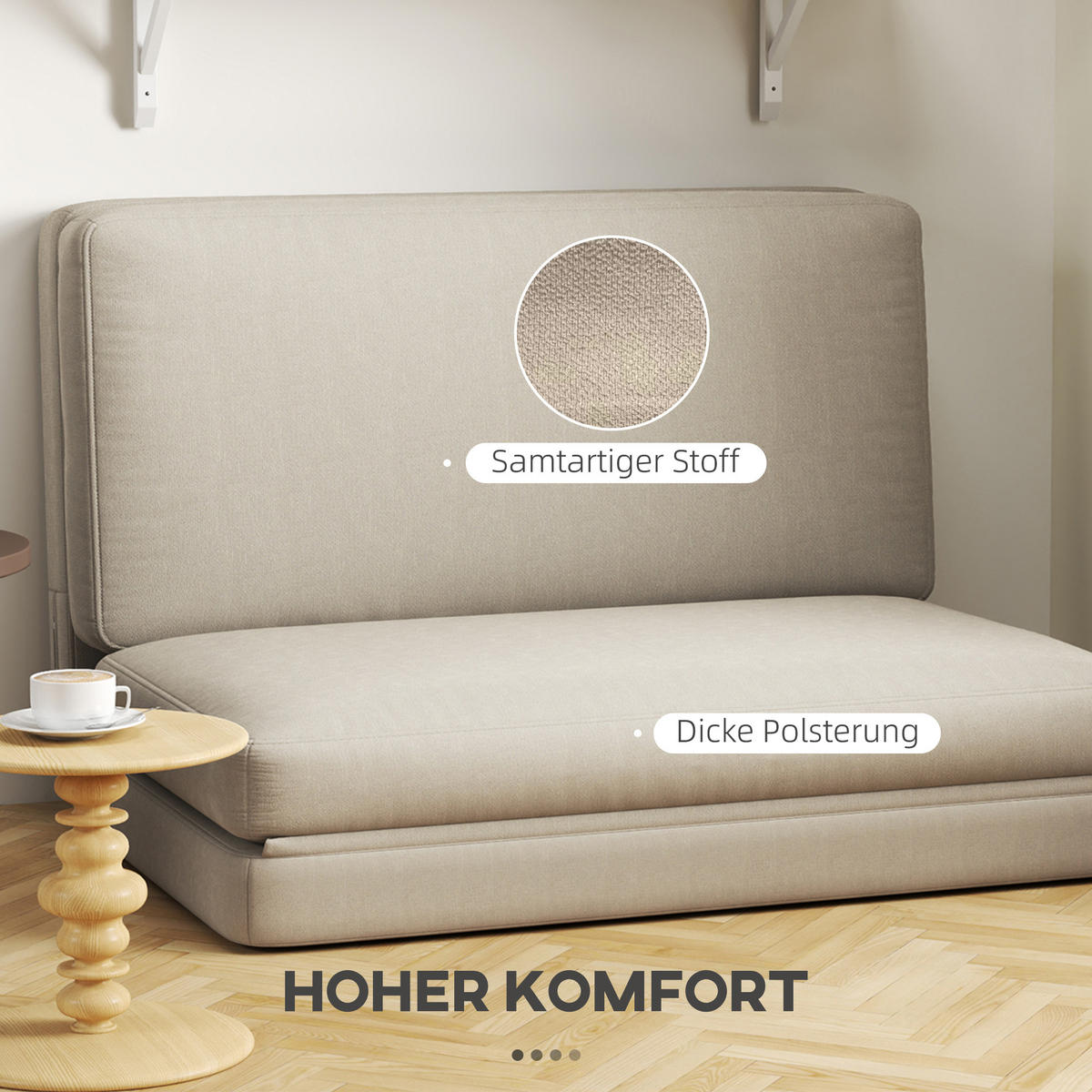 BODENSOFA 3-in-1 Klappbar Schlafsofa mit Samtoptik für Schlafzimmer, Wohnzimmer - Beige, Textil (120/10/275cm) - HOMCOM
