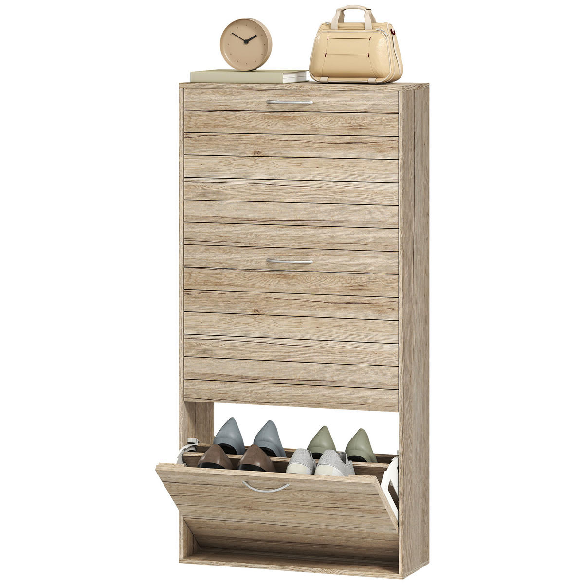 SCHUHSCHRANK,SCHMAL 3 Flügeltüren verstellbare Böden für 12 Paar,eiche - Beige, Holzwerkstoff (57/116/23.5cm) - Vallsero