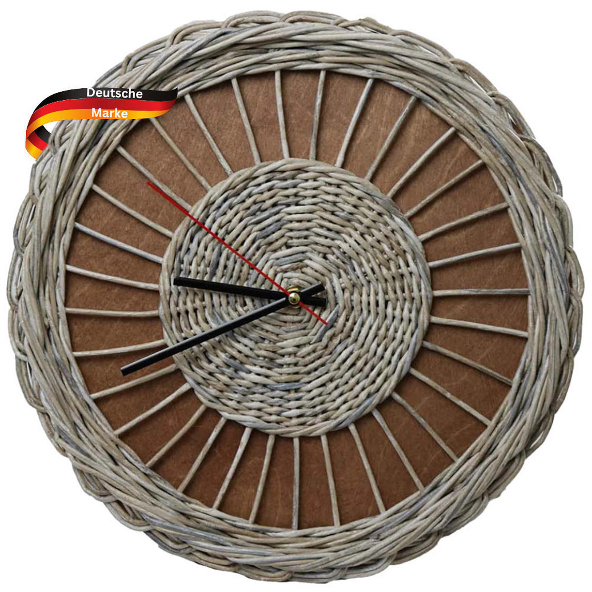 WANDUHR groß Holz RATTAN 37 cm ⌀ Massivholz Geräuschlos - Braun, Holz (37/37/4cm) - DELUKE