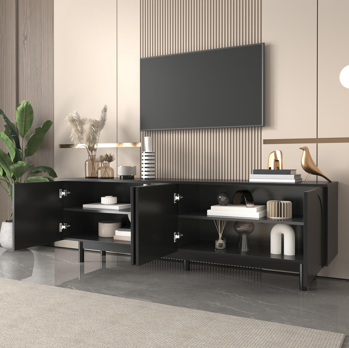TV-SCHRANK mit 4 Türen 175 x 38 x 56 cm MDF Schwarz - Schwarz, Holzwerkstoff (38/56/175cm) - Beauniv