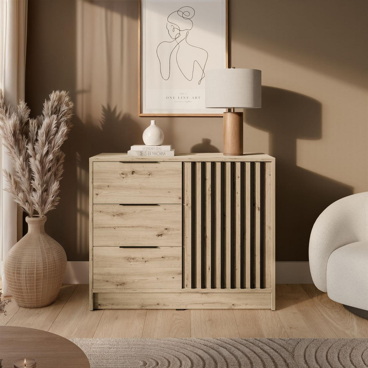 KOMMODE NELA mit Lamellen, Artisan/Schwarz - Eiche Artisan, Holzwerkstoff (105/86/45cm) - Lookway