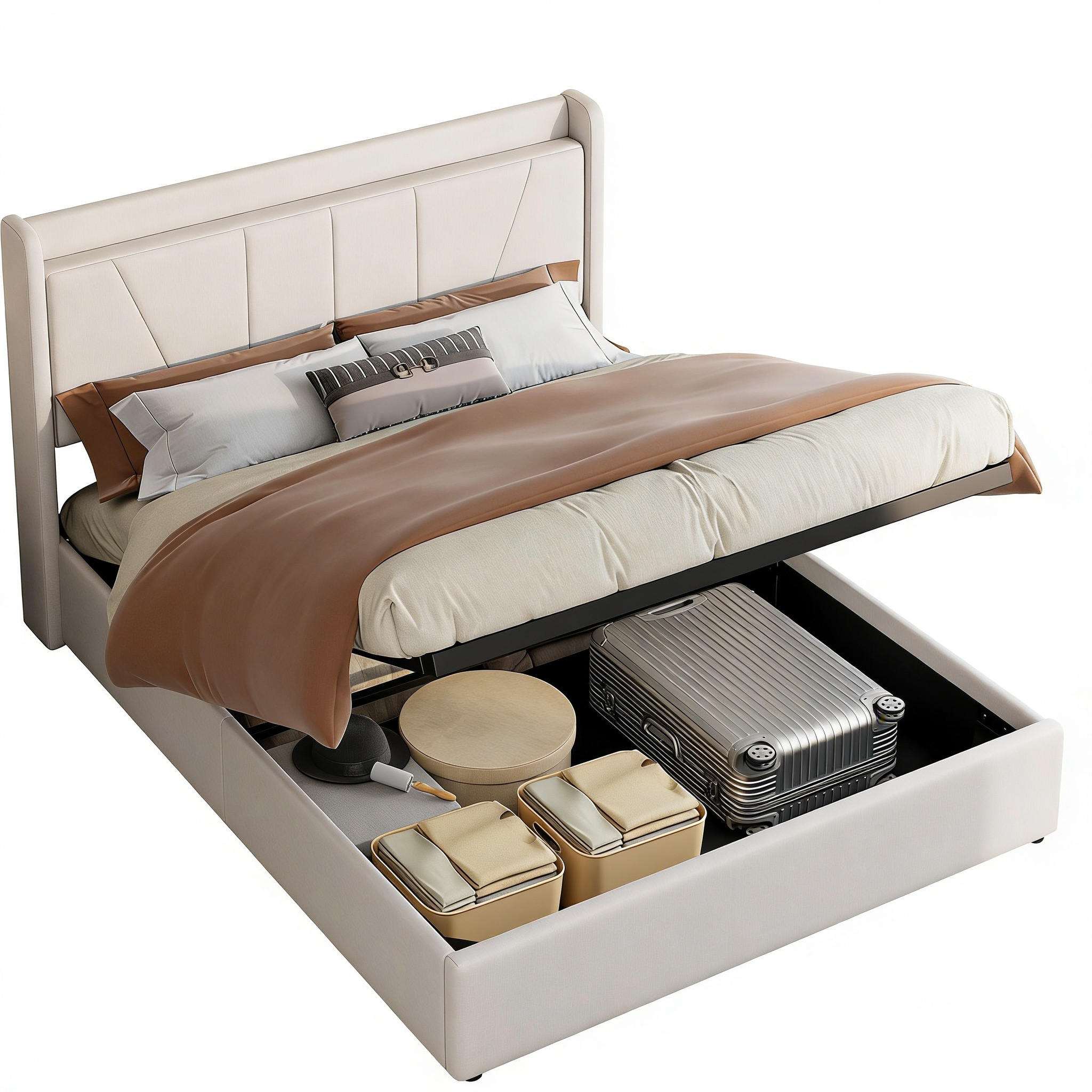 POLSTERBETT 140x200 cm in Beige mit Ladestation & Stauraum, Leinen - Beige, Holz/Metall (140/200cm) - PARAFTA HOME