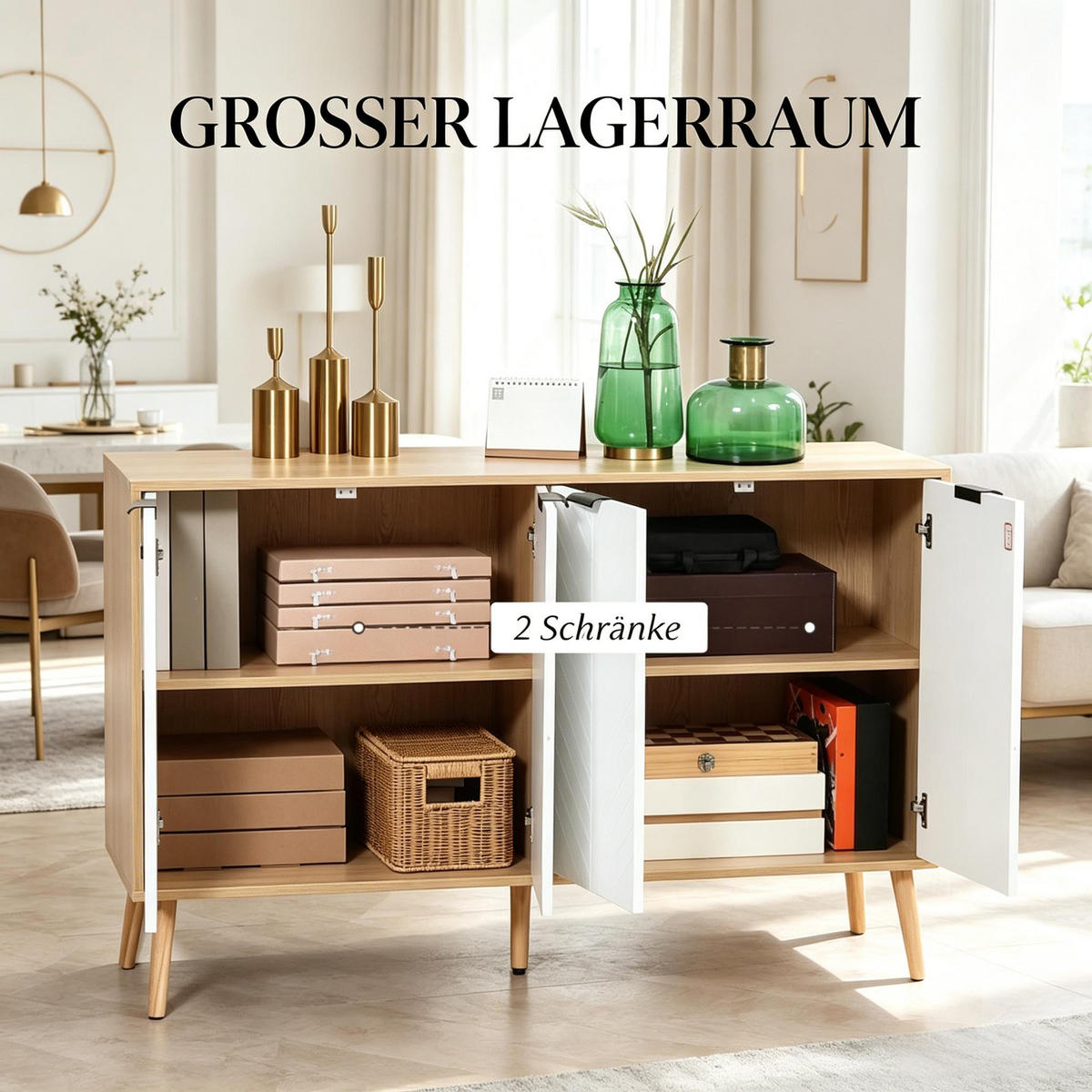 SIDEBOARD DE-38086 120/35/77,4 cm mit 2 zweistufigen Schränken Weiß - Weiß, Holzwerkstoff (120/77.4/35cm) - ComfortXL
