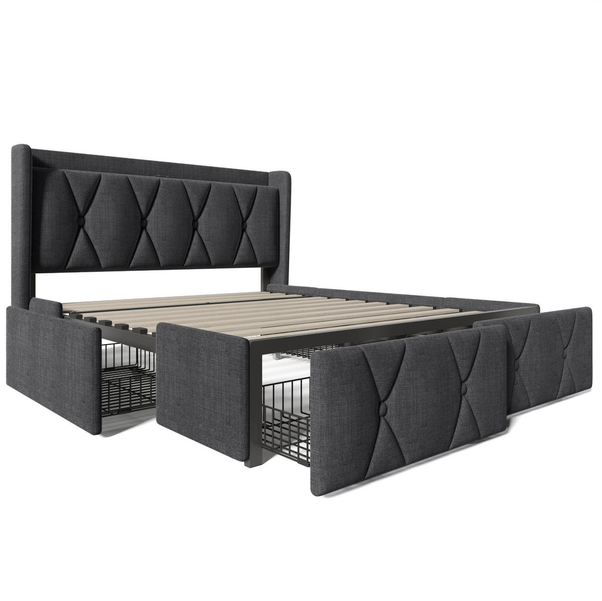 BETT mit USB und 4 Schubladen 140x200 cm Leinen Grau inkl. Matratze - Grau, Metall (140/200cm) - Meubliv