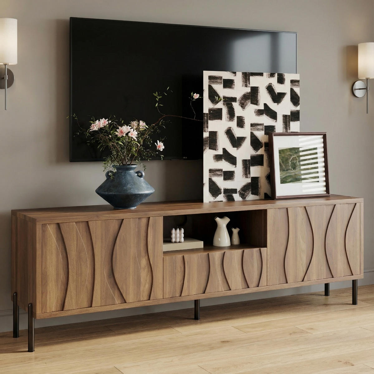 NIZKA OMARICA 160 cm, naravna barva, 3 vrata - črna, leseni material (160/46/35cm) - Urban Meuble