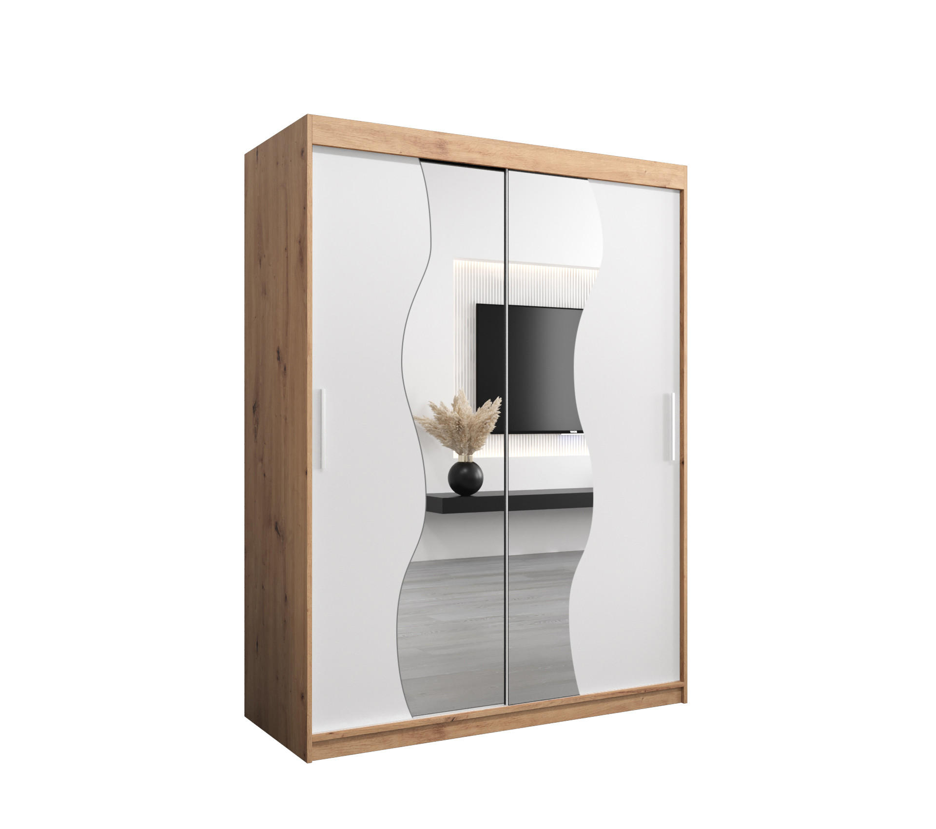 Möbel Kryspol Schwebetürenschrank Eiche Artisan, Weiß 150x200x62 cm