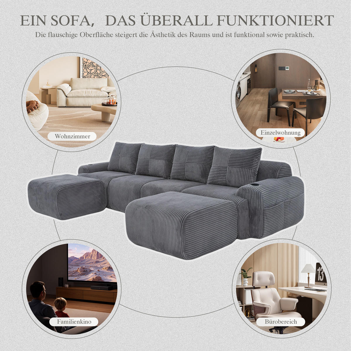 4-SITZER Wohnlandschaft Cord mit Getränkehalter und Seitentasche inklusive 2 Hocker 333/174/80 cm Dunkelgrau - Dunkelgrau, Textil (174/80/333cm) - Redom