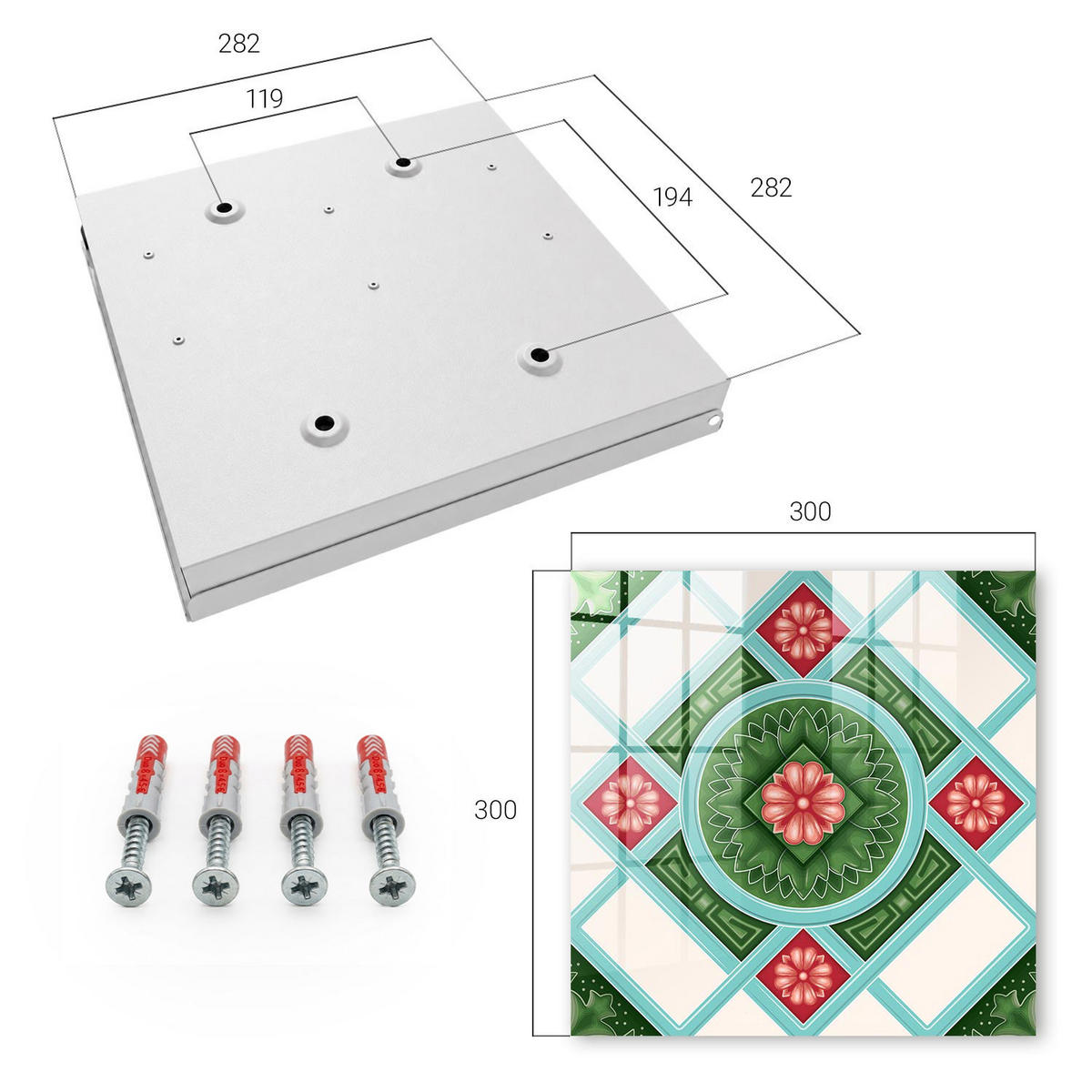 SCHLÜSSELBOX Weiß 30x30 cm – Türöffnung nach rechts - Florale Geometrie - Grün, Metall (30/30/5cm) - TULUP