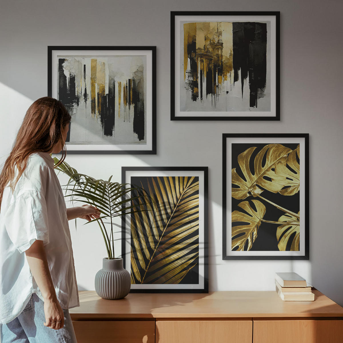 WANDBILDER 4er-Set - 50x50 cm & 40x60 cm Schwarzer Rahmen - Abstrakte Monstera-Palmenblätter - Schwarz, Kunststoff (50/50cm) - ArtPrintCave